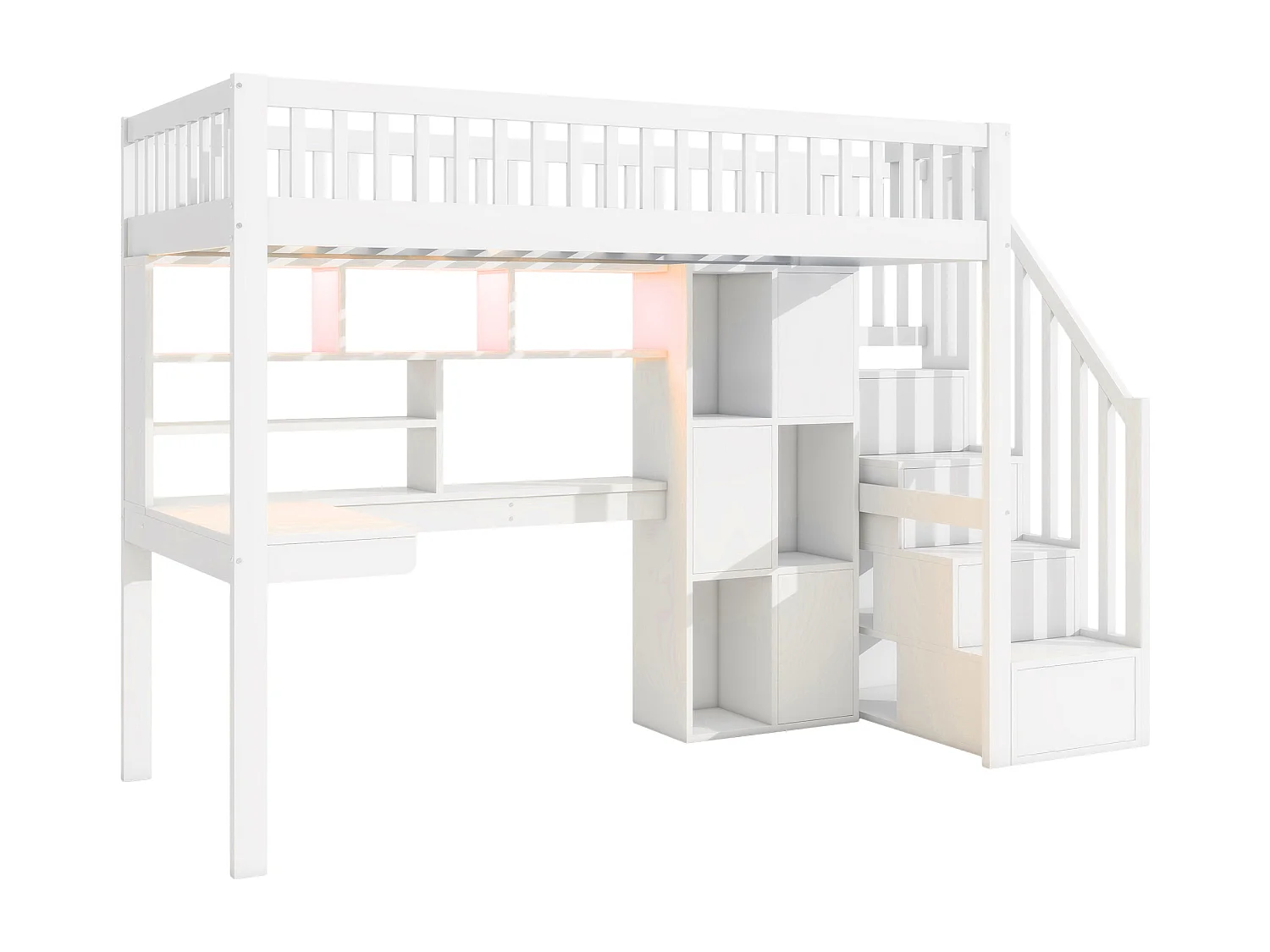 Lit mezzanine 90x200 cm en bois - bureau avec LED et rangemets & échelle de rangement - Blanc