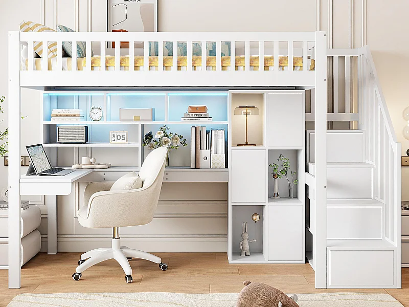 Lit mezzanine 90x200 cm en bois - bureau avec LED et rangemets & échelle de rangement - Blanc
