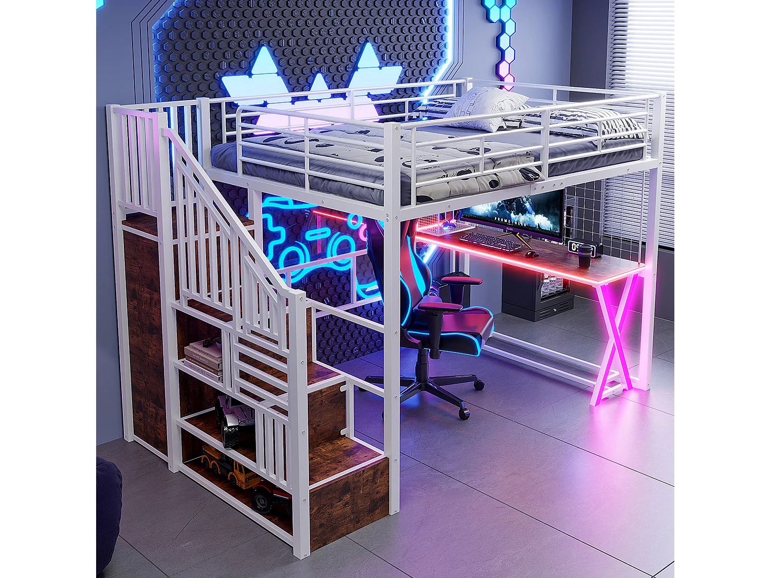 Lit mezzanine 140x200cm avec LED - bureau + penderie + échelle de rangement - Blanc