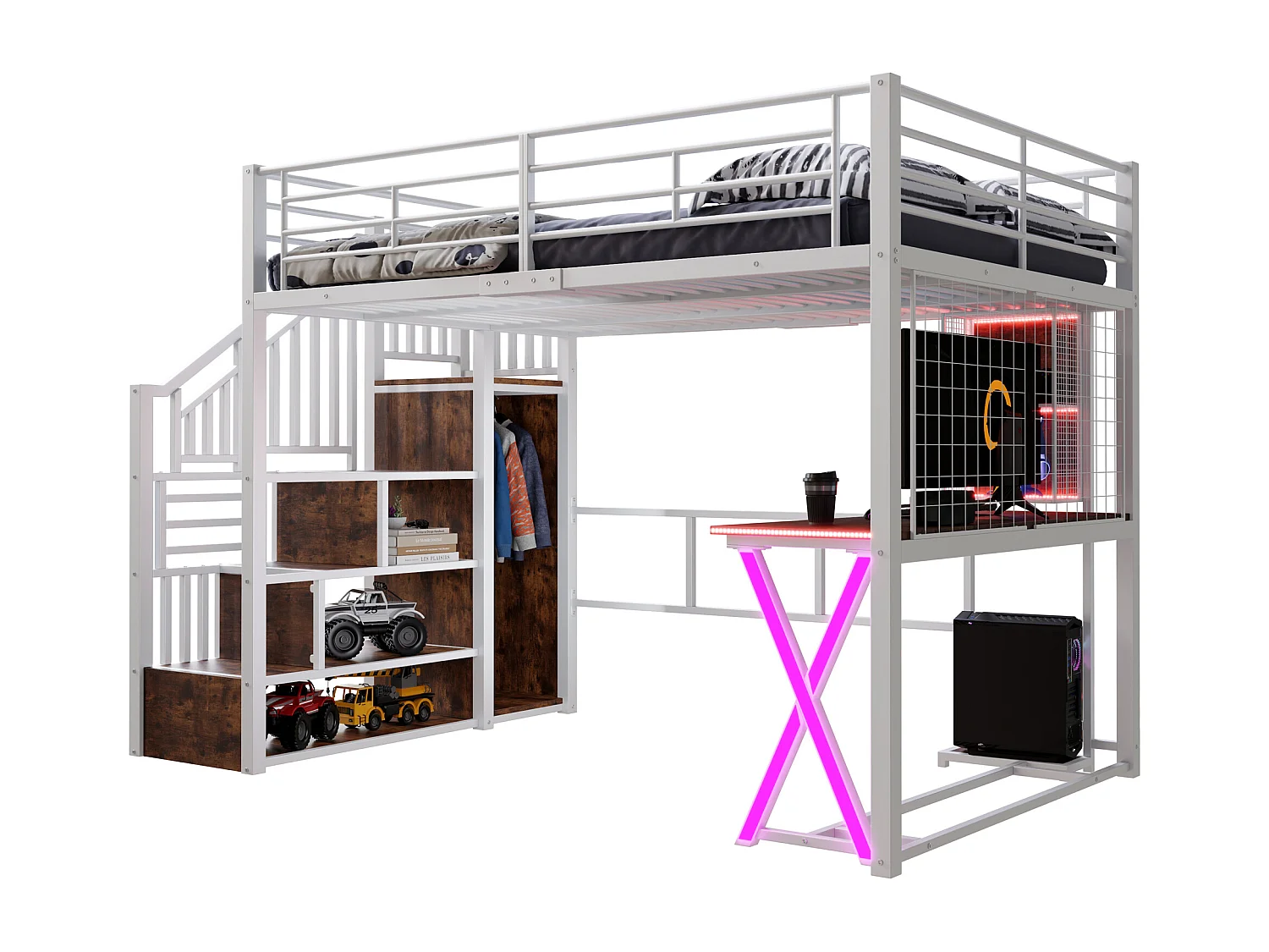 Lit mezzanine 140x200cm avec LED - bureau + penderie + échelle de rangement - Blanc