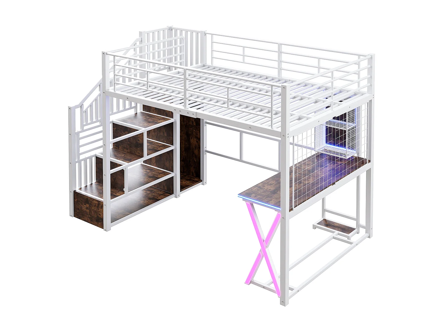 Lit mezzanine 140x200cm avec LED - bureau + penderie + échelle de rangement - Blanc