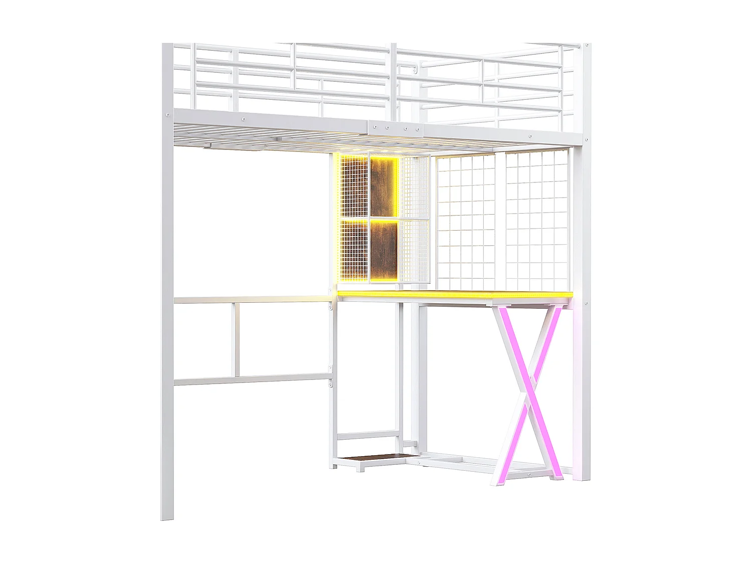 Lit mezzanine 140x200cm avec LED - bureau + penderie + échelle de rangement - Blanc