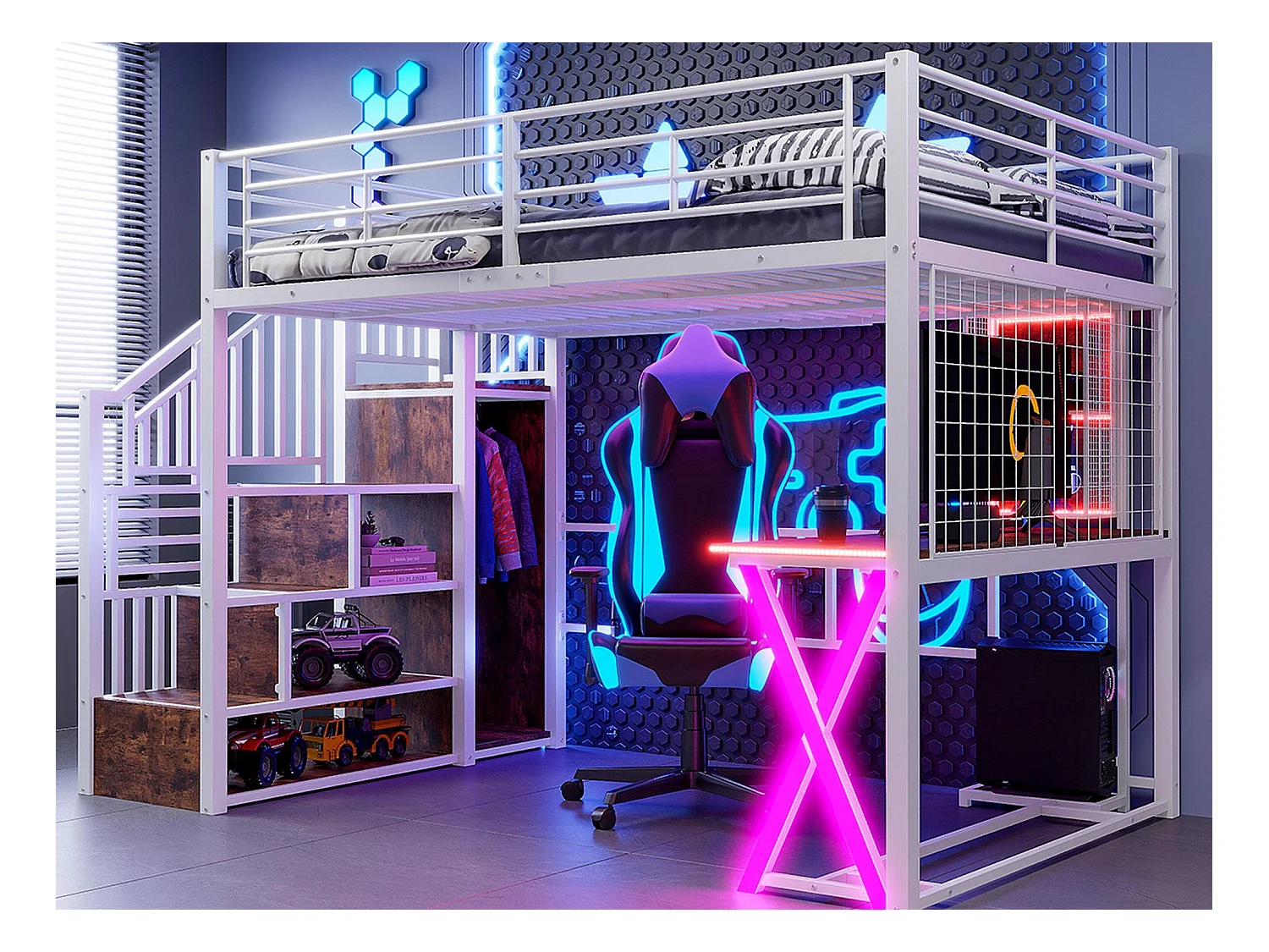 Lit mezzanine 140x200cm avec LED - bureau + penderie + échelle de rangement - Blanc