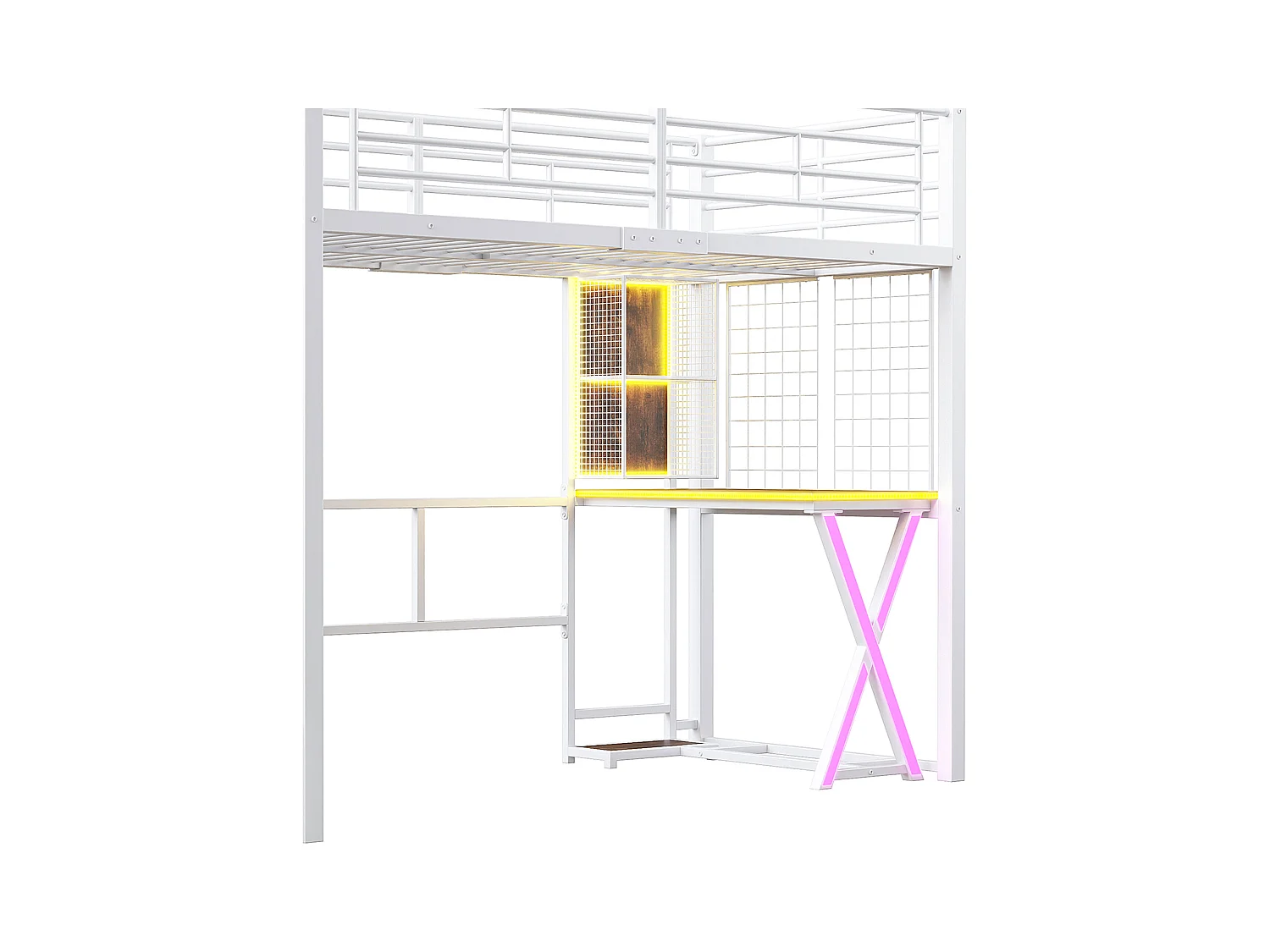 Lit mezzanine 140x200cm avec LED - bureau + penderie + échelle de rangement - Blanc