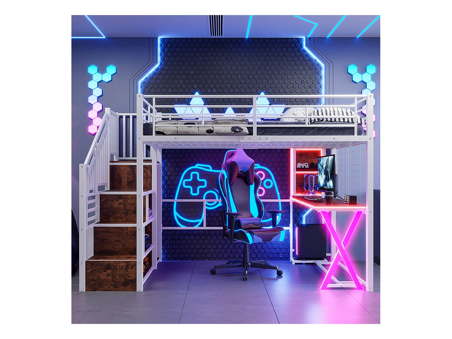 Lit mezzanine 140x200cm avec LED - bureau + penderie + échelle de rangement - Blanc
