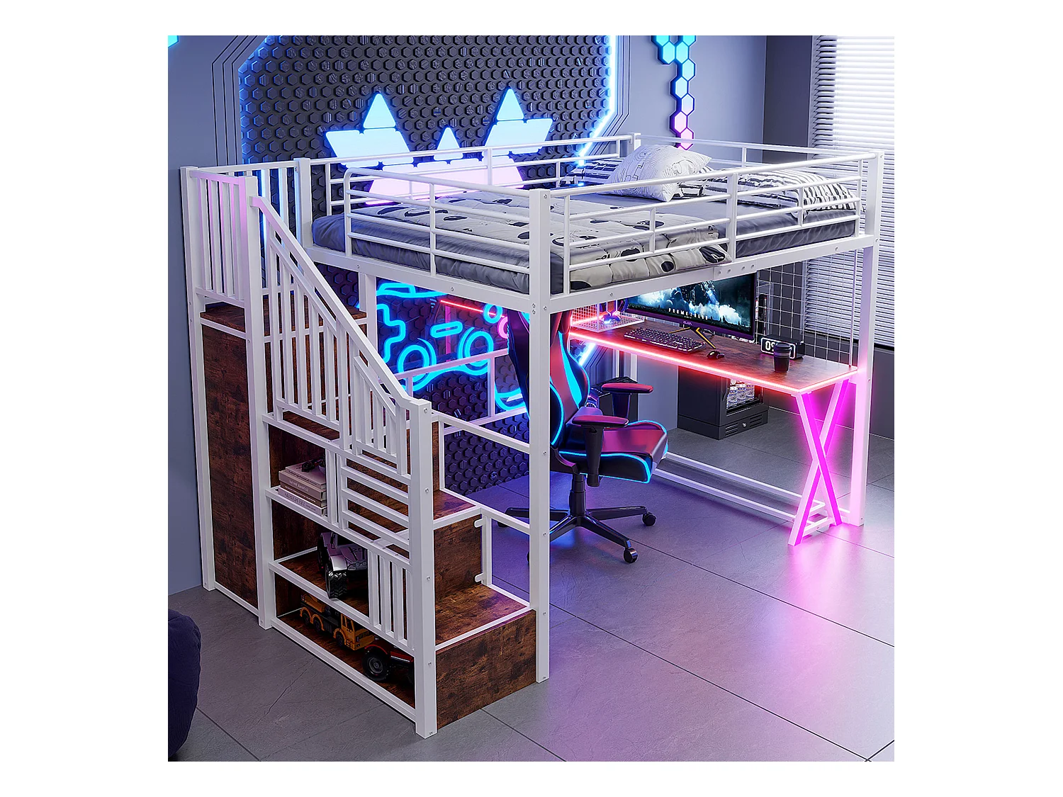 Lit mezzanine 140x200cm avec LED - bureau + penderie + échelle de rangement - Blanc