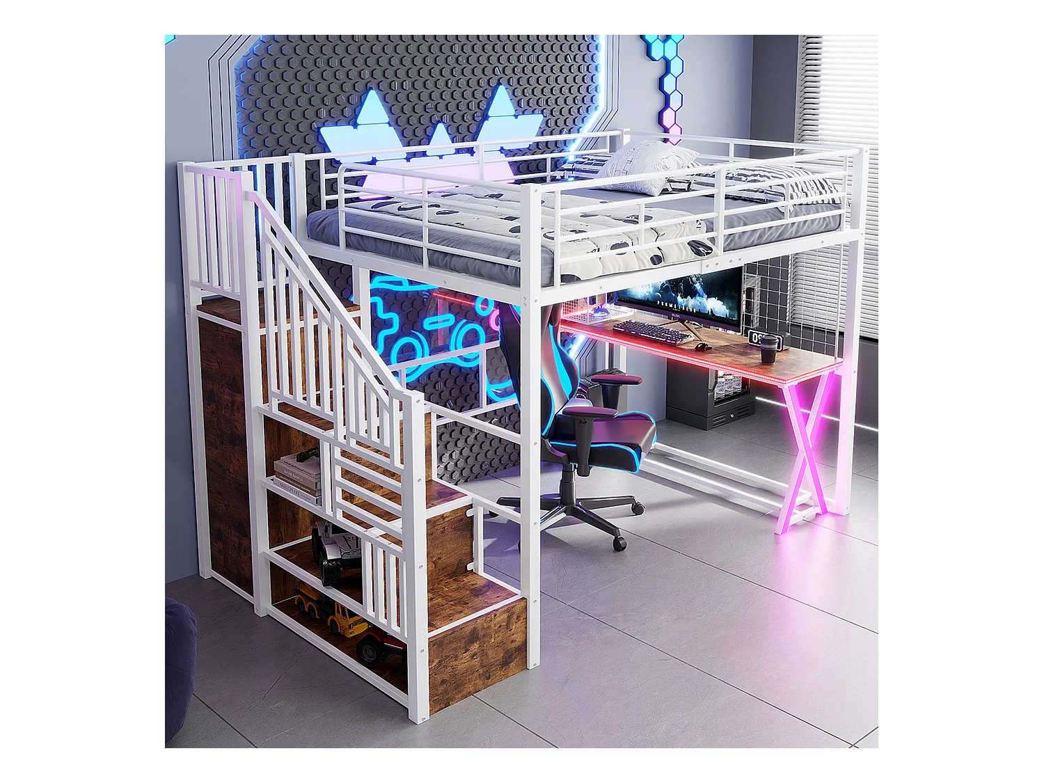 Lit mezzanine 140x200cm avec LED - bureau + penderie + échelle de rangement - Blanc