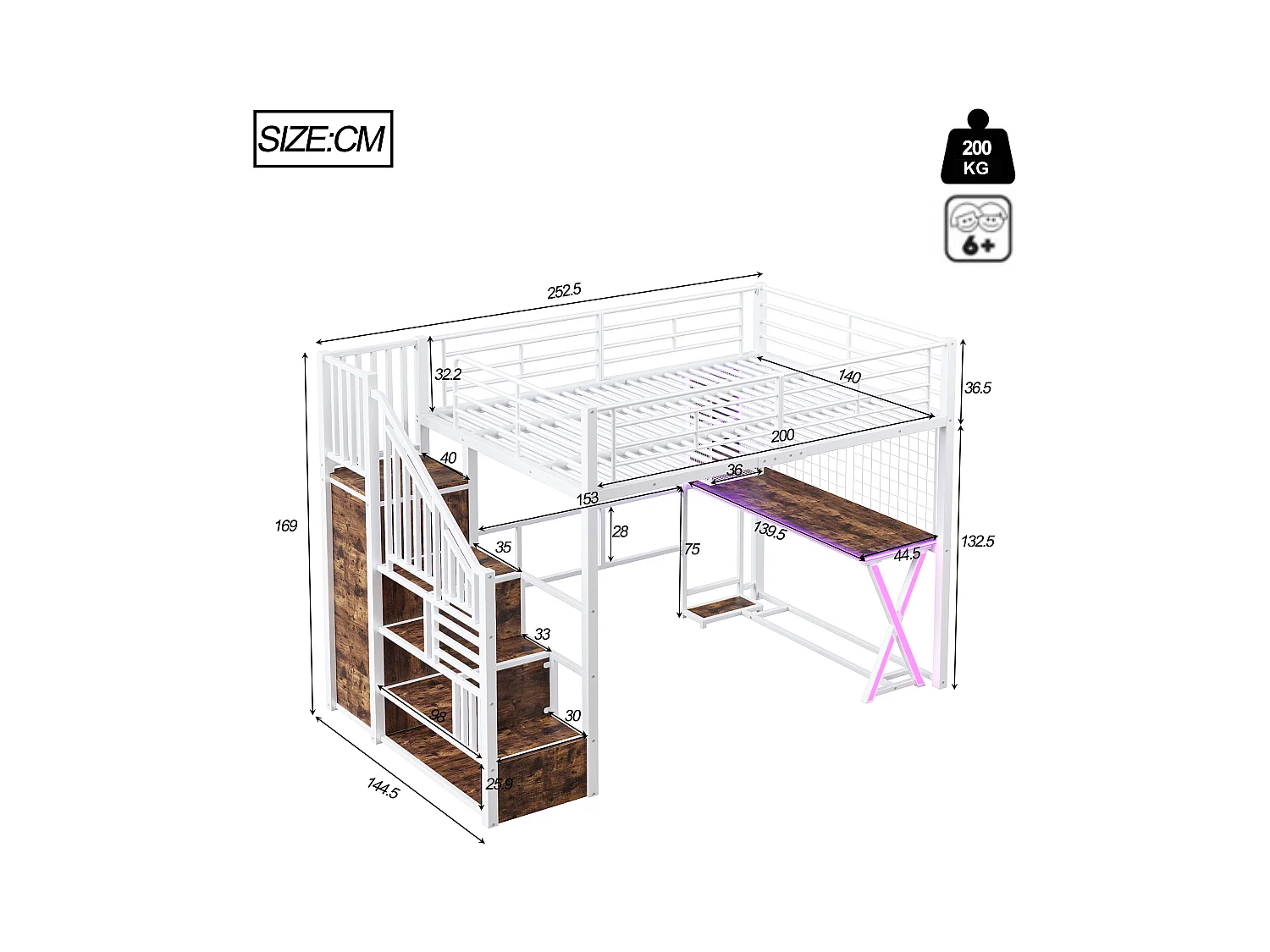 Lit mezzanine 140x200cm avec LED - bureau + penderie + échelle de rangement - Blanc