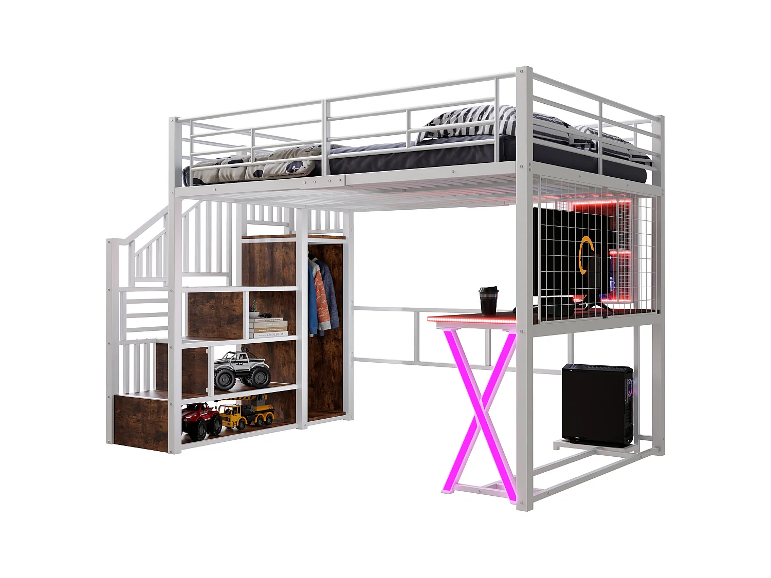 Lit mezzanine 140x200cm avec LED - bureau + penderie + échelle de rangement - Blanc