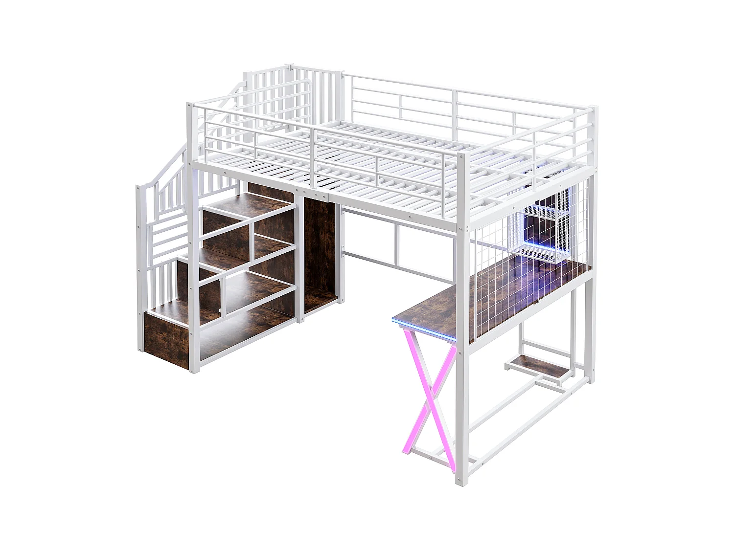 Lit mezzanine 140x200cm avec LED - bureau + penderie + échelle de rangement - Blanc
