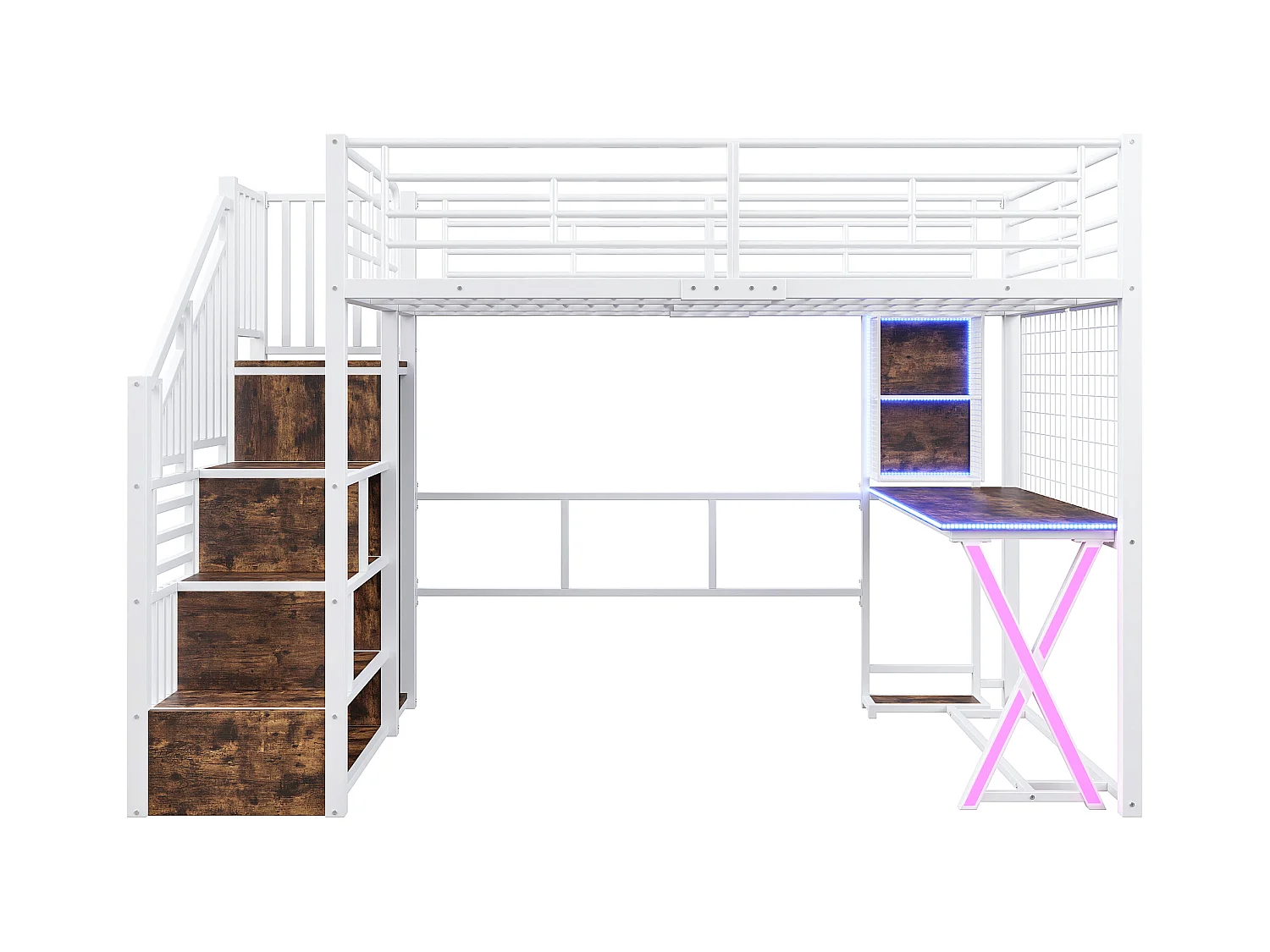 Lit mezzanine 140x200cm avec LED - bureau + penderie + échelle de rangement - Blanc