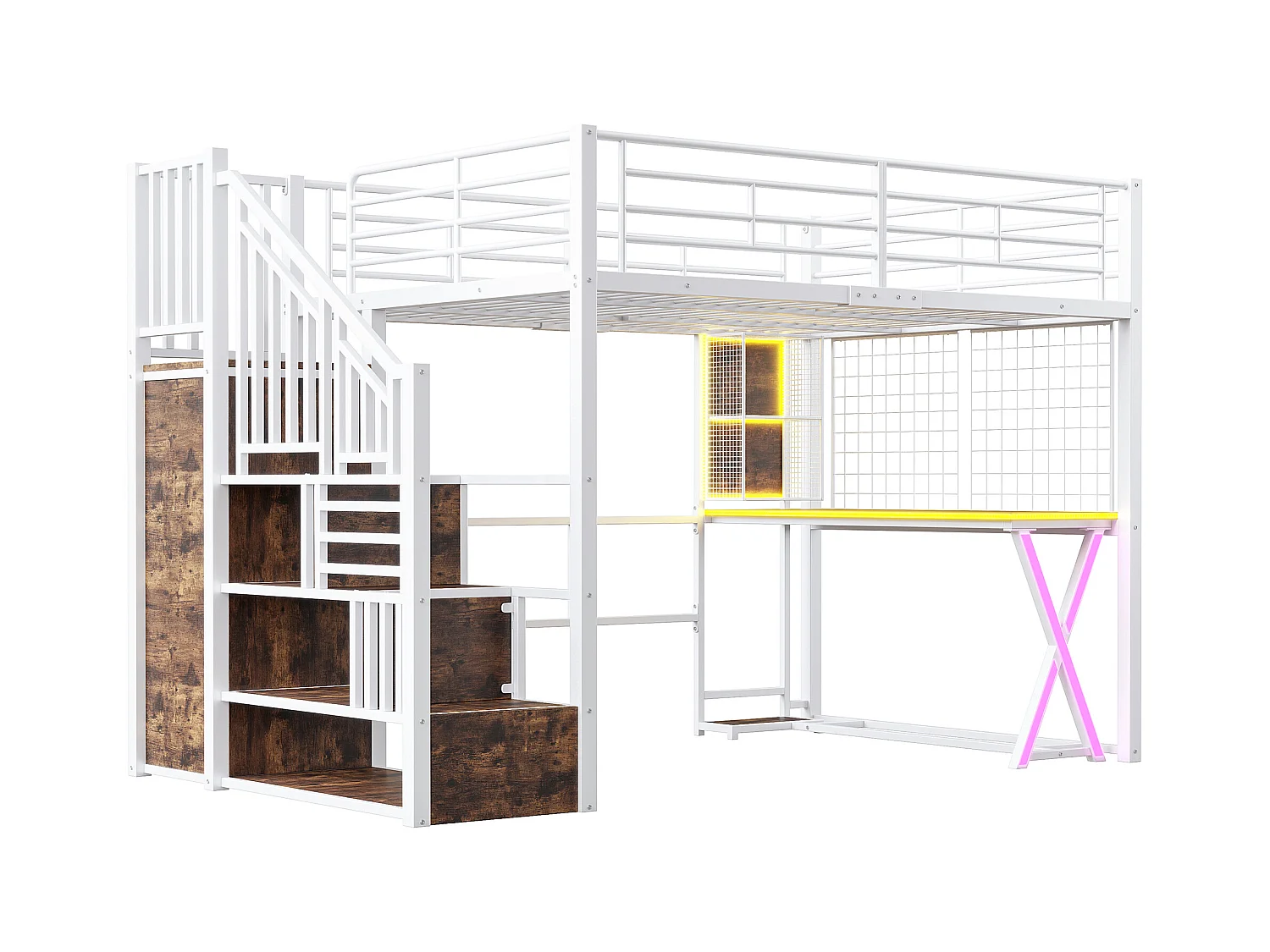Lit mezzanine 140x200cm avec LED - bureau + penderie + échelle de rangement - Blanc