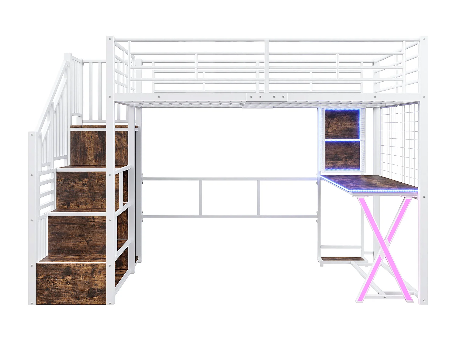 Lit mezzanine 140x200cm avec LED - bureau + penderie + échelle de rangement - Blanc