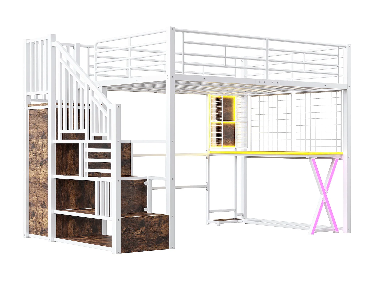 Lit mezzanine 140x200cm avec LED - bureau + penderie + échelle de rangement - Blanc