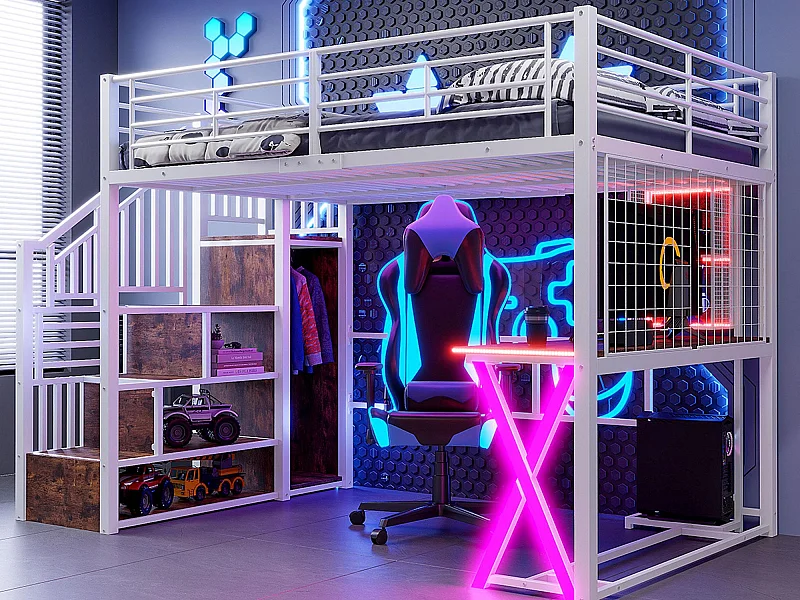 Cama alta 140x200cm con LED - escritorio + armario + escalera de almacenaje - Blanco