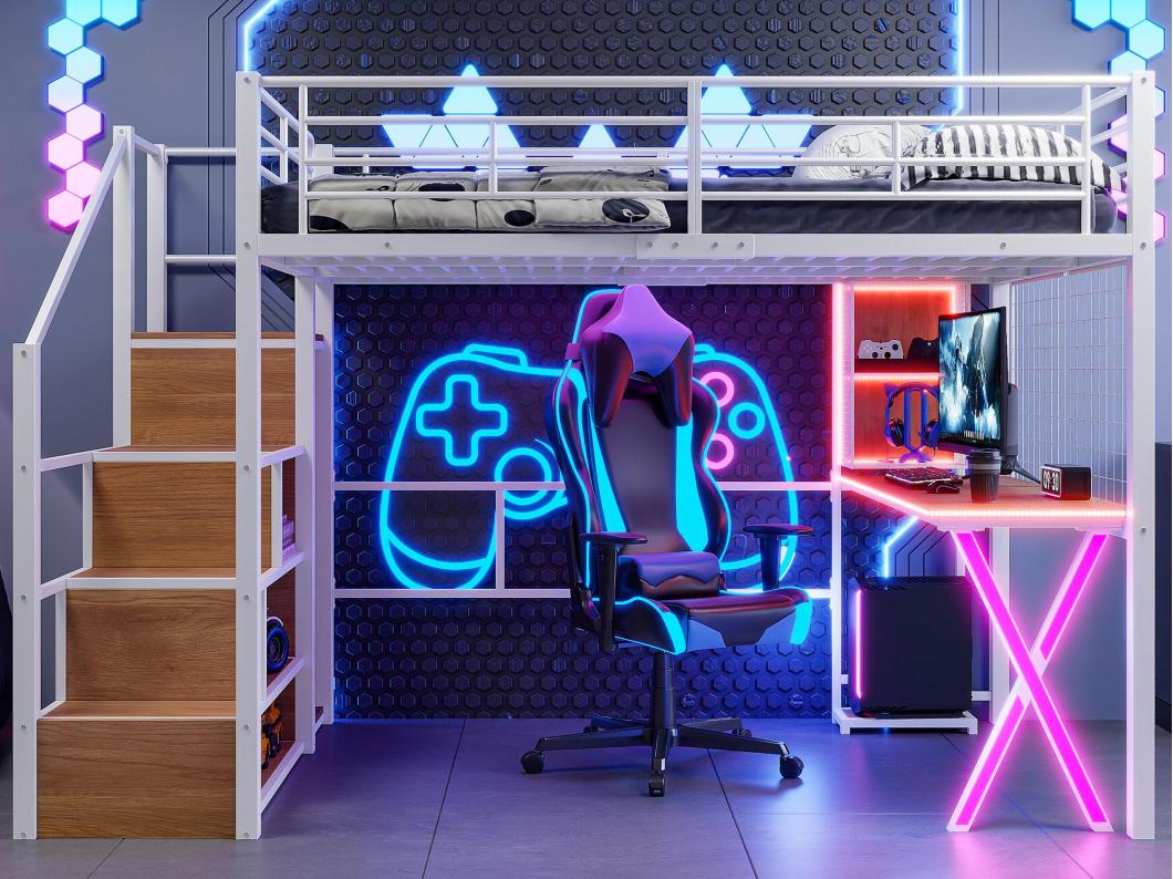 Lit mezzanine 140x200cm avec LED - bureau + penderie + échelle de rangement - Blanc