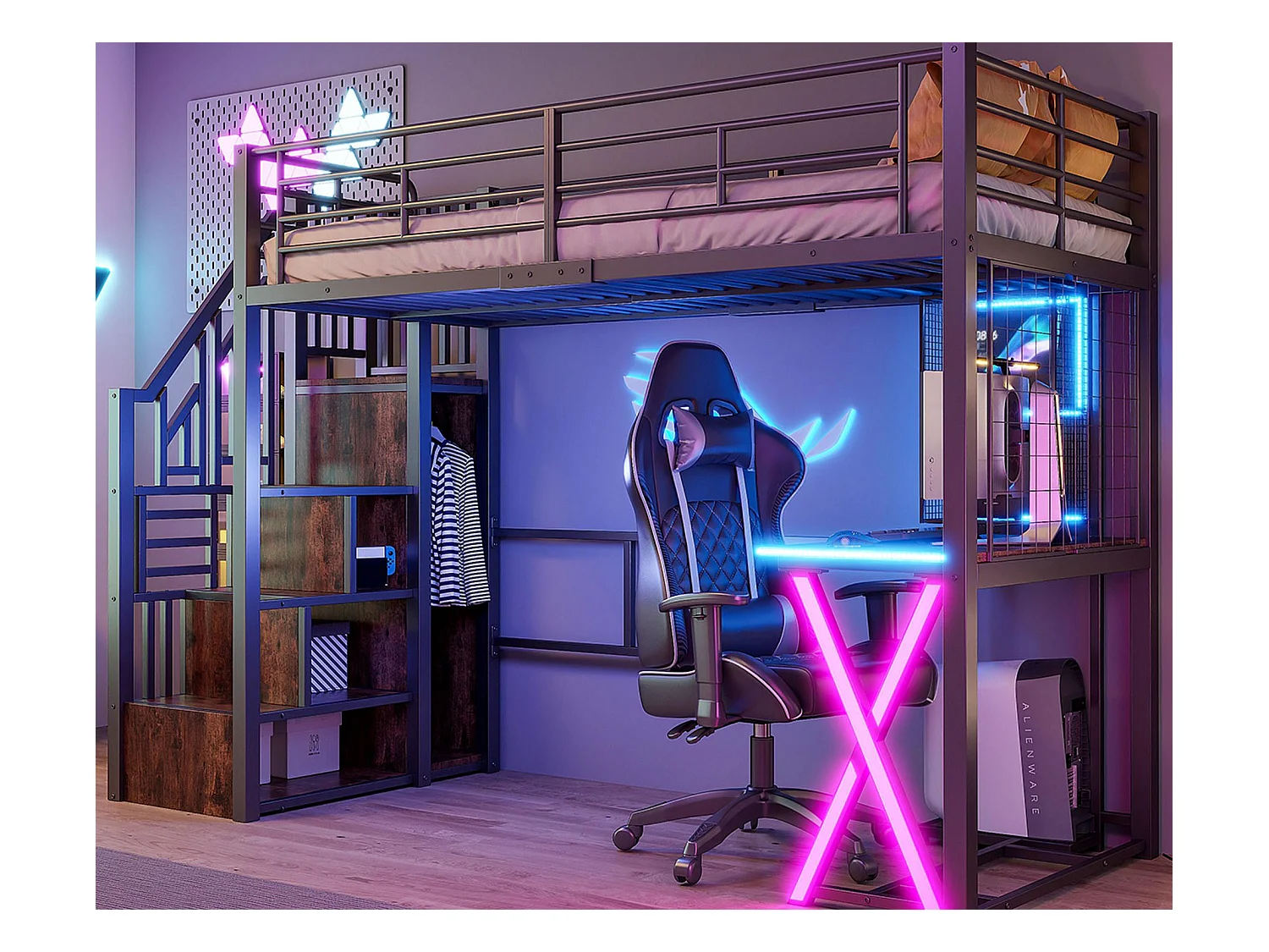 Lit mezzanine 90x200cm avec LED - bureau + penderie + échelle de rangement - Noir