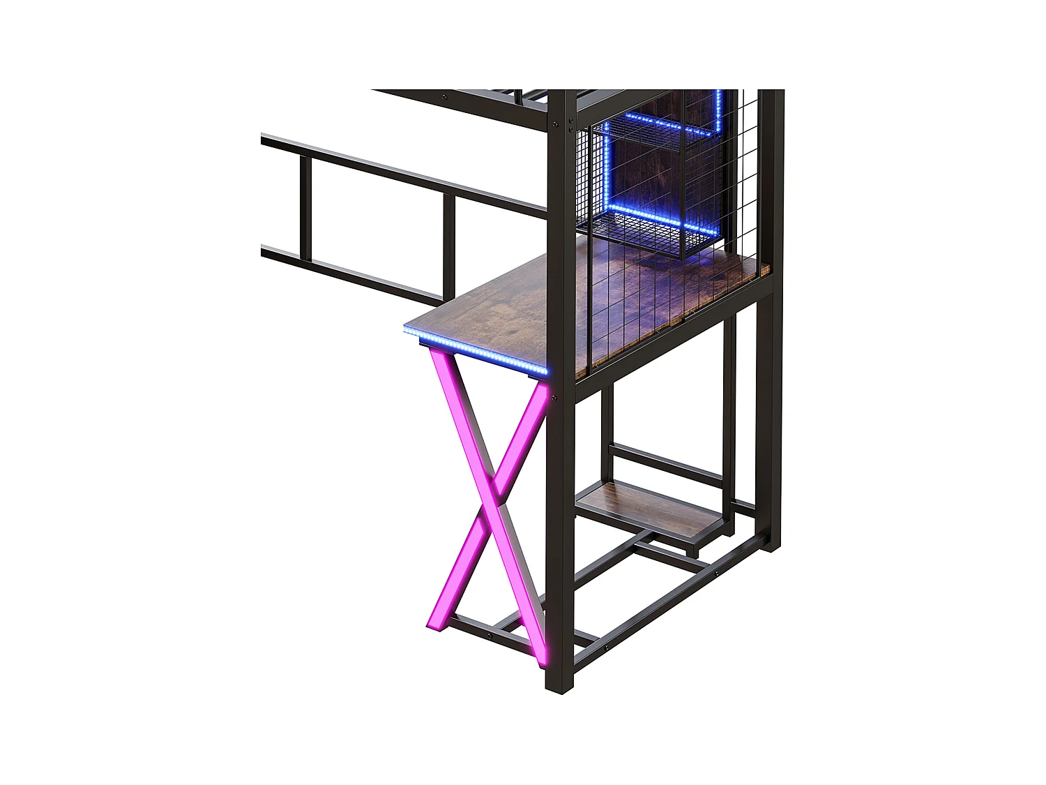 Lit mezzanine 90x200cm avec LED - bureau + penderie + échelle de rangement - Noir