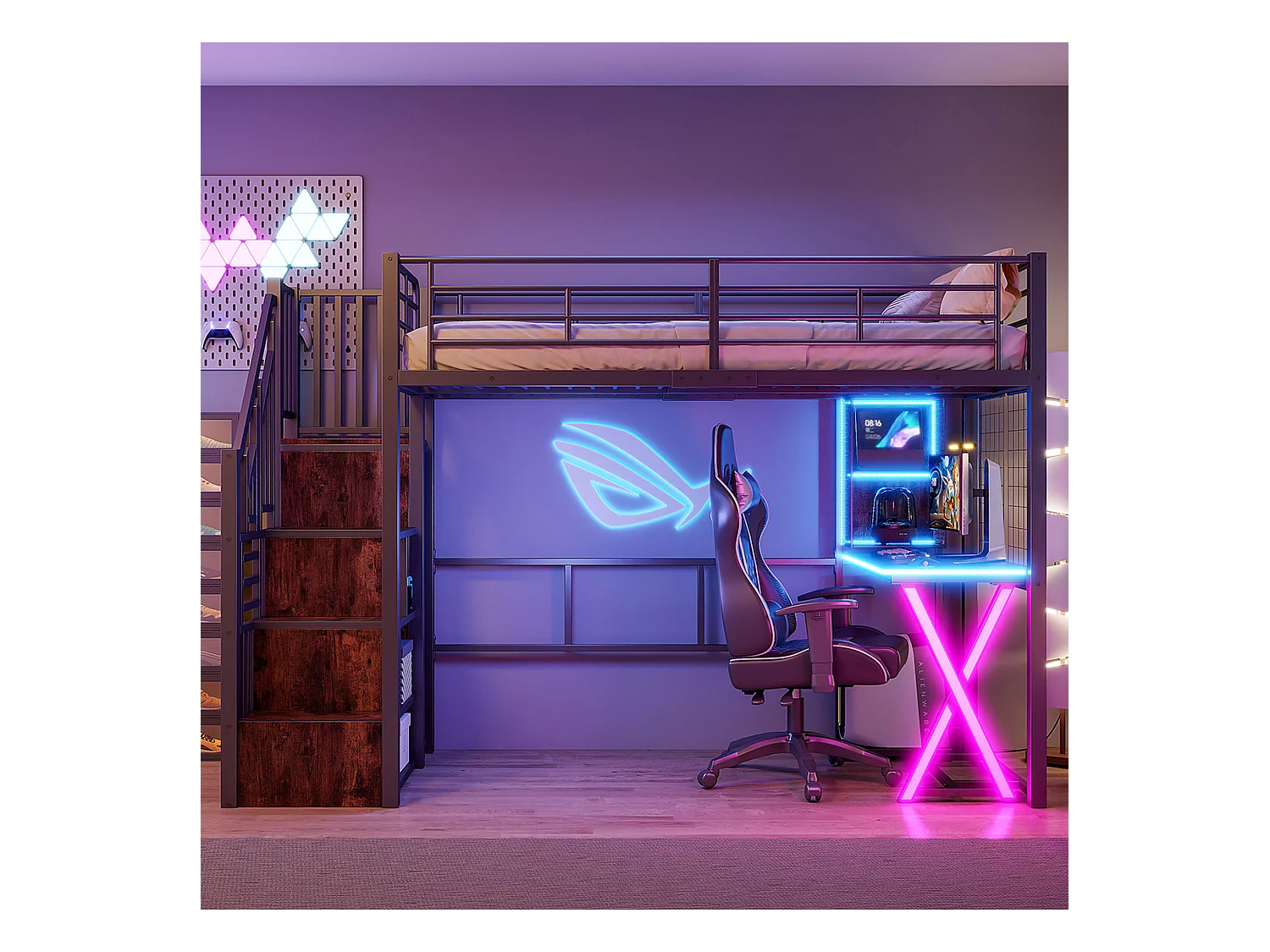 Lit mezzanine 90x200cm avec LED - bureau + penderie + échelle de rangement - Noir