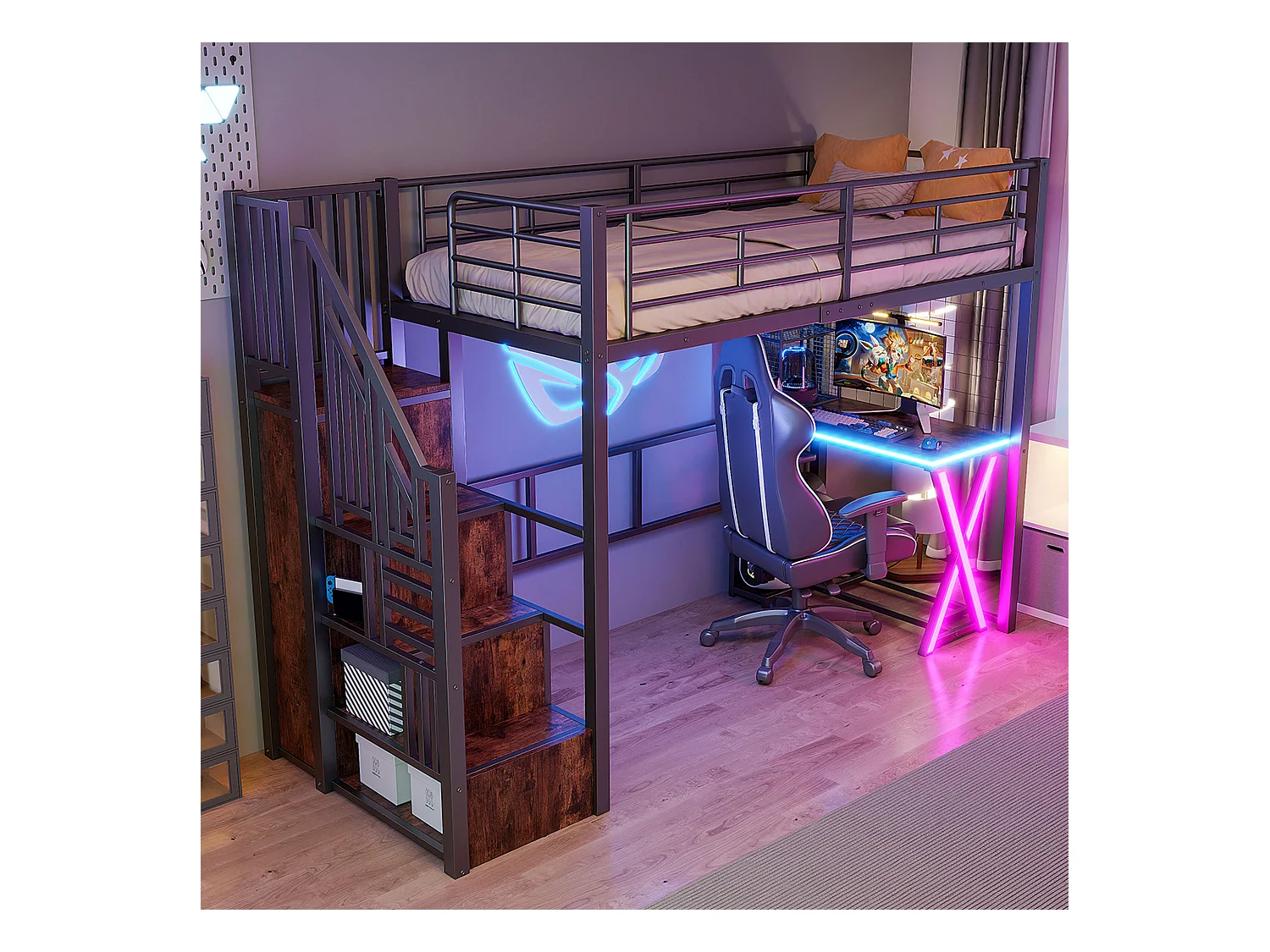 Lit mezzanine 90x200cm avec LED - bureau + penderie + échelle de rangement - Noir