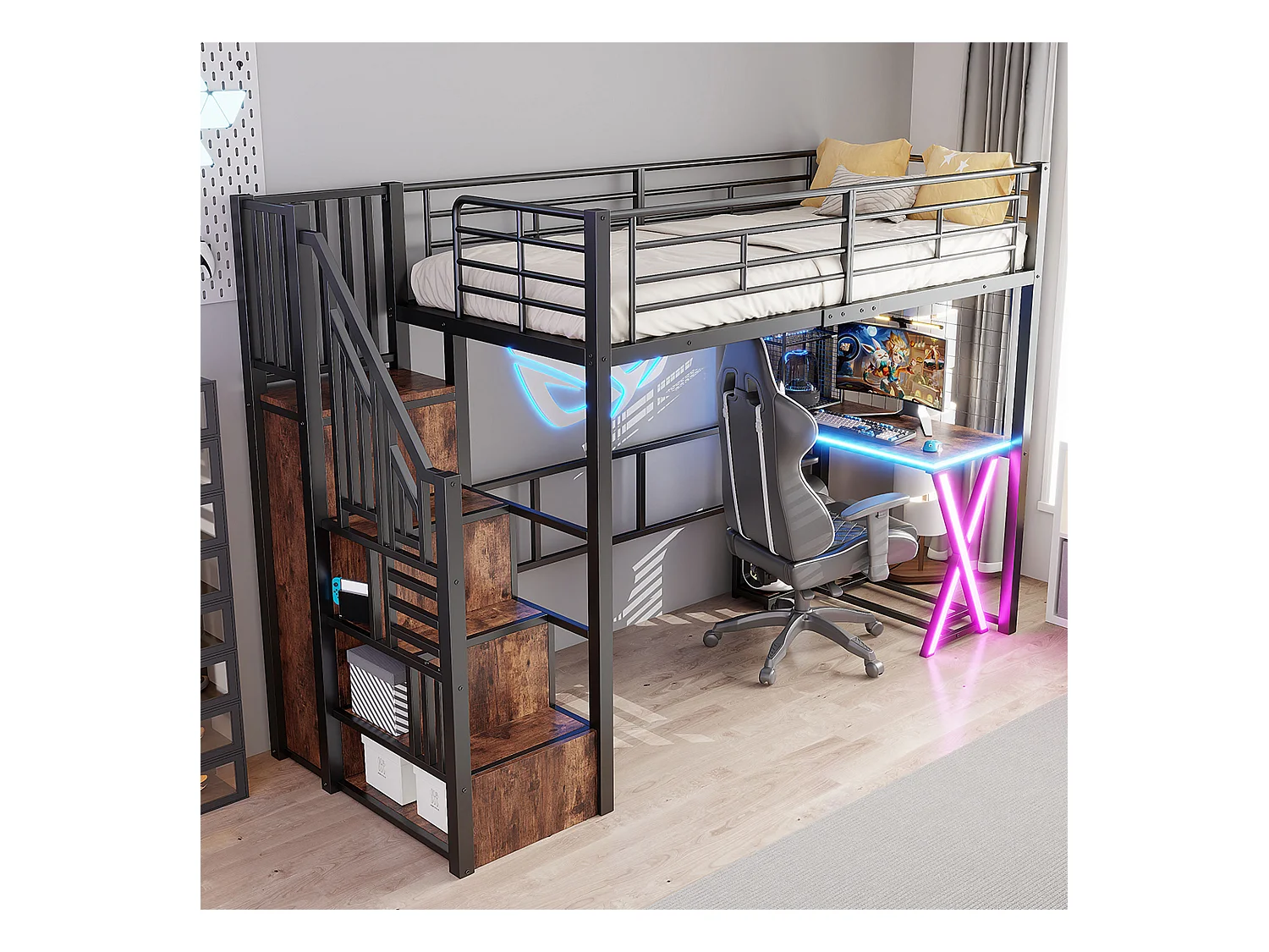 Lit mezzanine 90x200cm avec LED - bureau + penderie + échelle de rangement - Noir