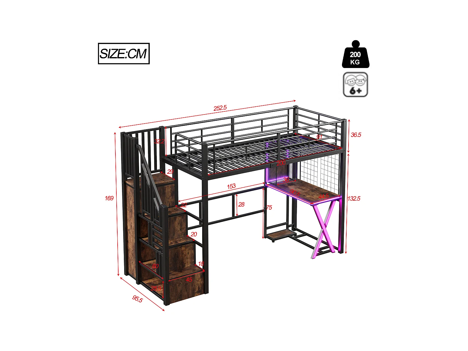 Lit mezzanine 90x200cm avec LED - bureau + penderie + échelle de rangement - Noir