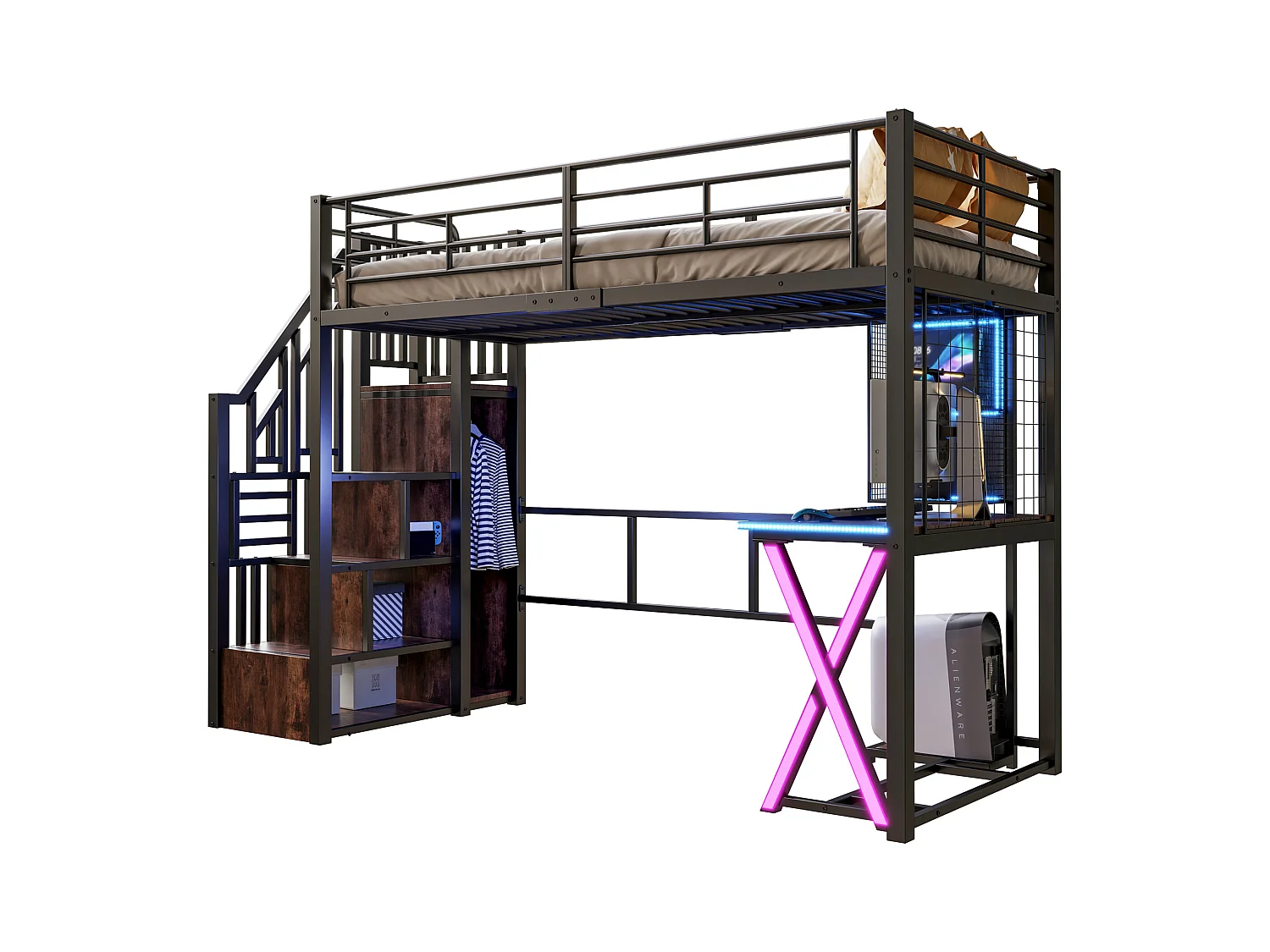 Lit mezzanine 90x200cm avec LED - bureau + penderie + échelle de rangement - Noir