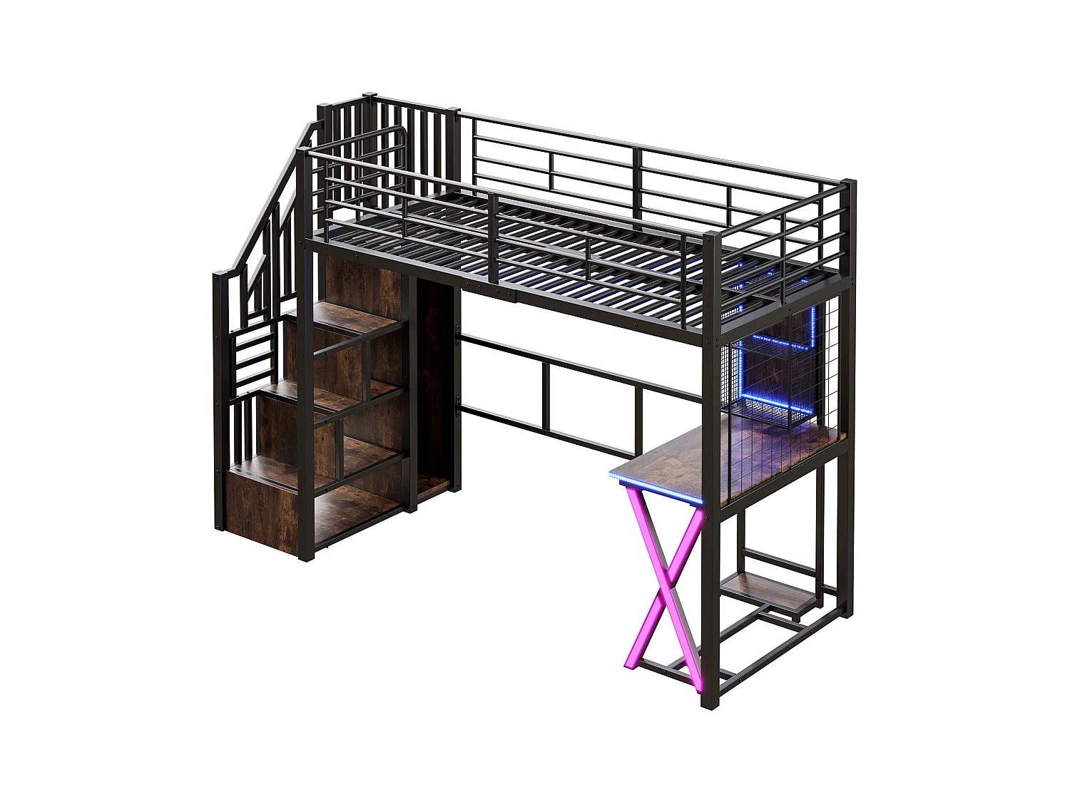 Lit mezzanine 90x200cm avec LED - bureau + penderie + échelle de rangement - Noir