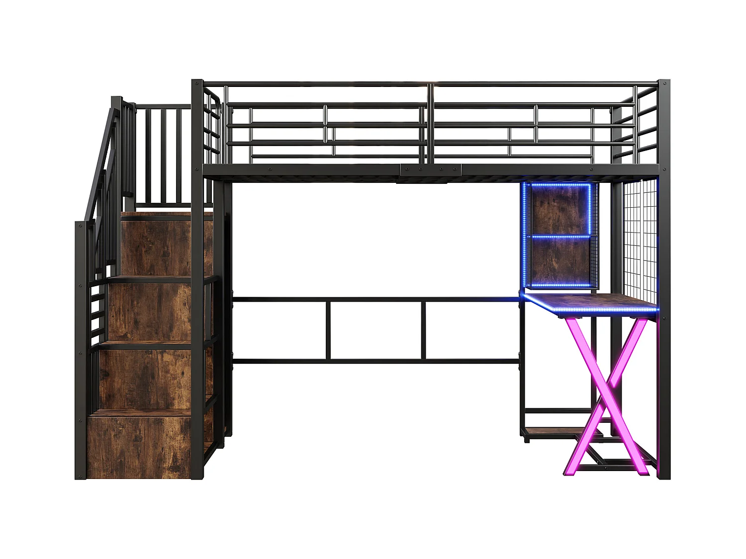 Lit mezzanine 90x200cm avec LED - bureau + penderie + échelle de rangement - Noir