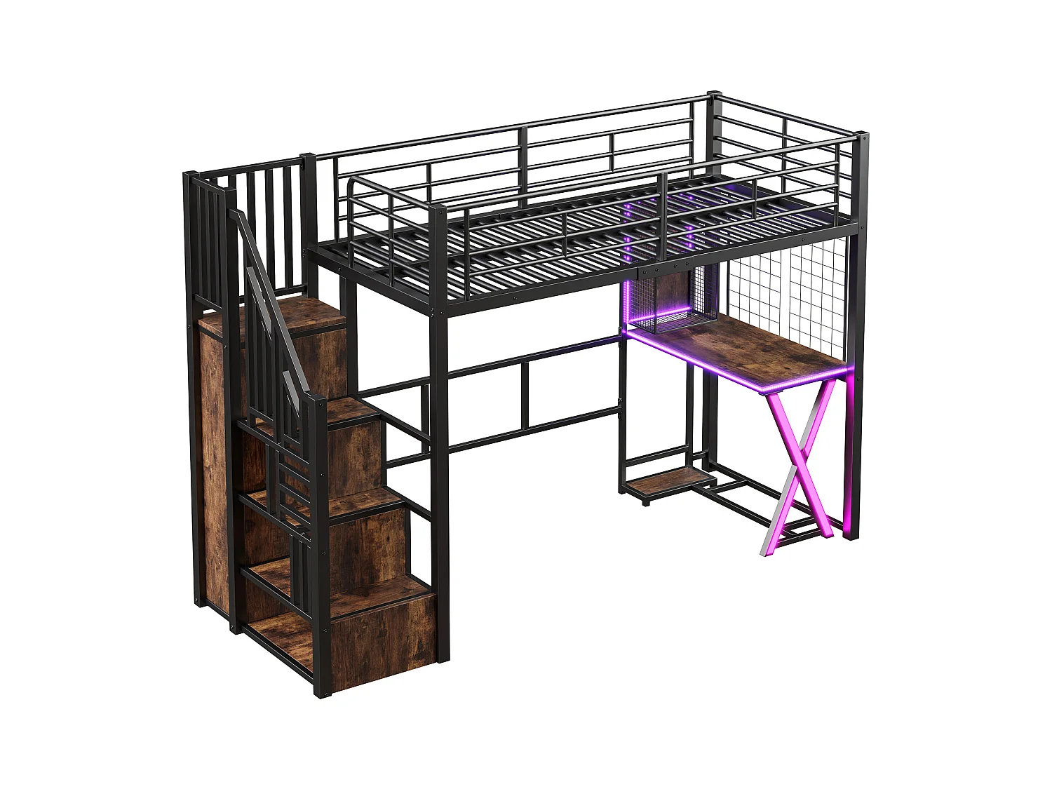 Lit mezzanine 90x200cm avec LED - bureau + penderie + échelle de rangement - Noir