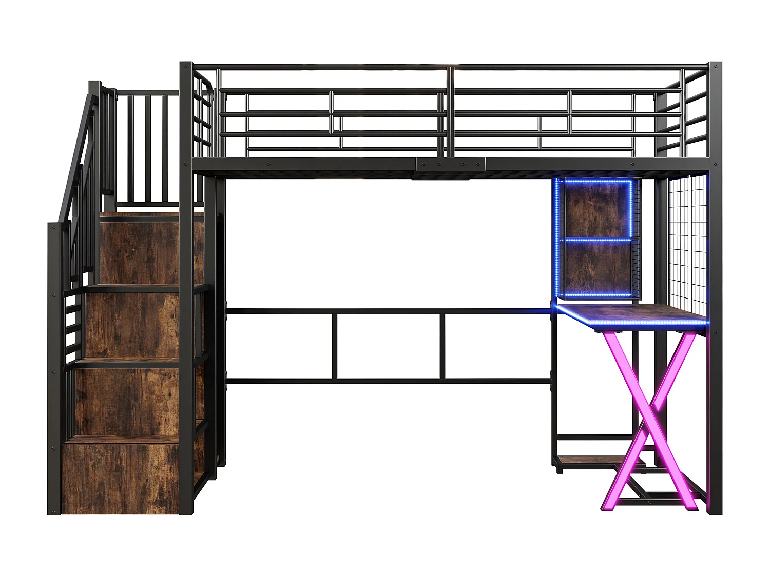 90x200cm Hochbett mit LED - Schreibtisch + Kleiderschrank + Stauraumleiter - Schwarz
