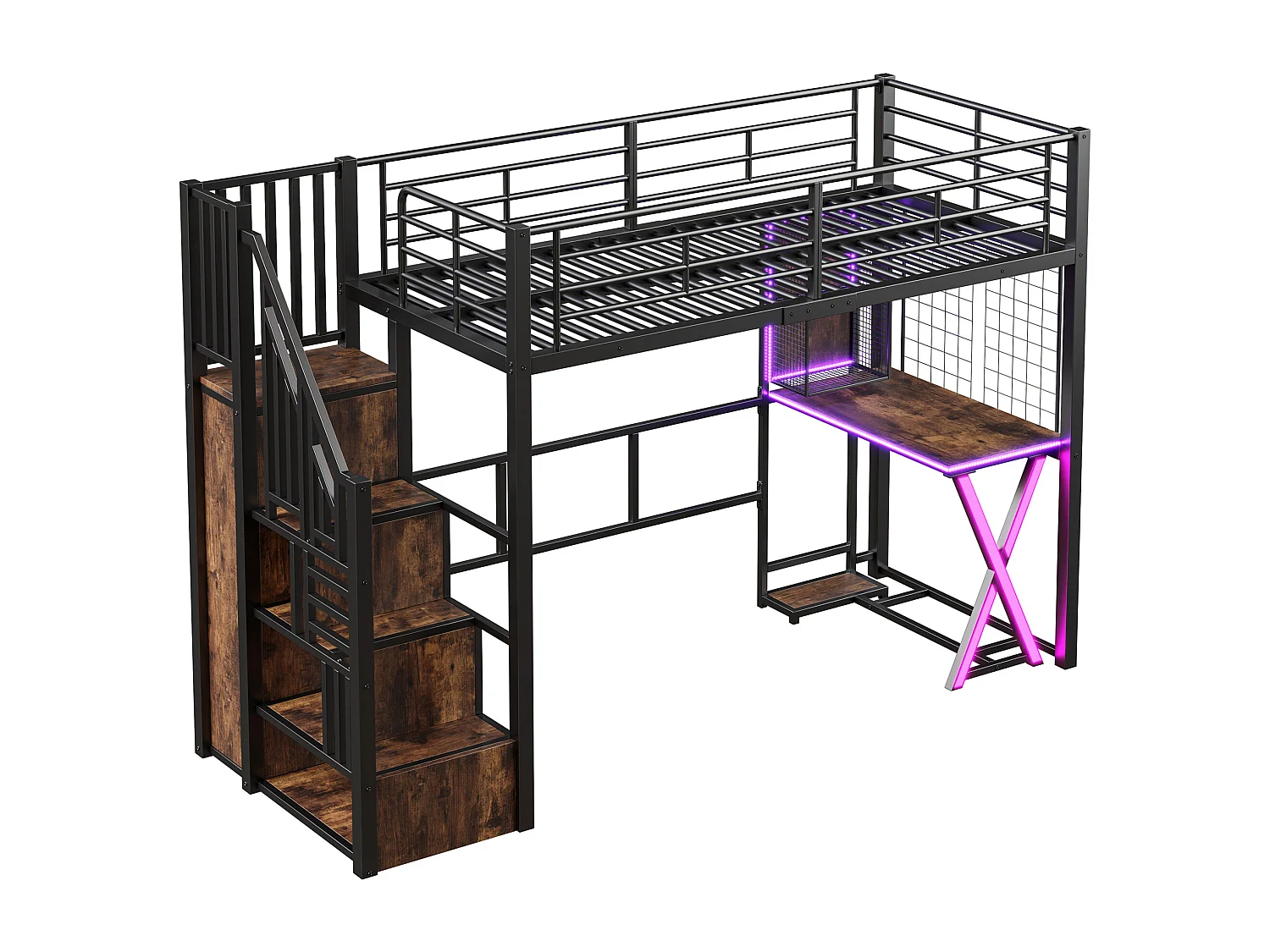 90x200cm Hochbett mit LED - Schreibtisch + Kleiderschrank + Stauraumleiter - Schwarz