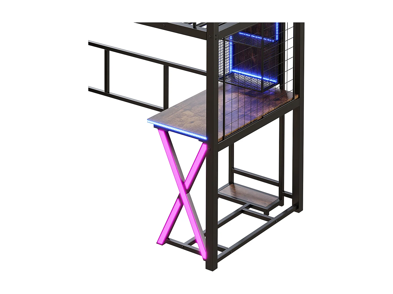 90x200cm Hochbett mit LED - Schreibtisch + Kleiderschrank + Stauraumleiter - Schwarz