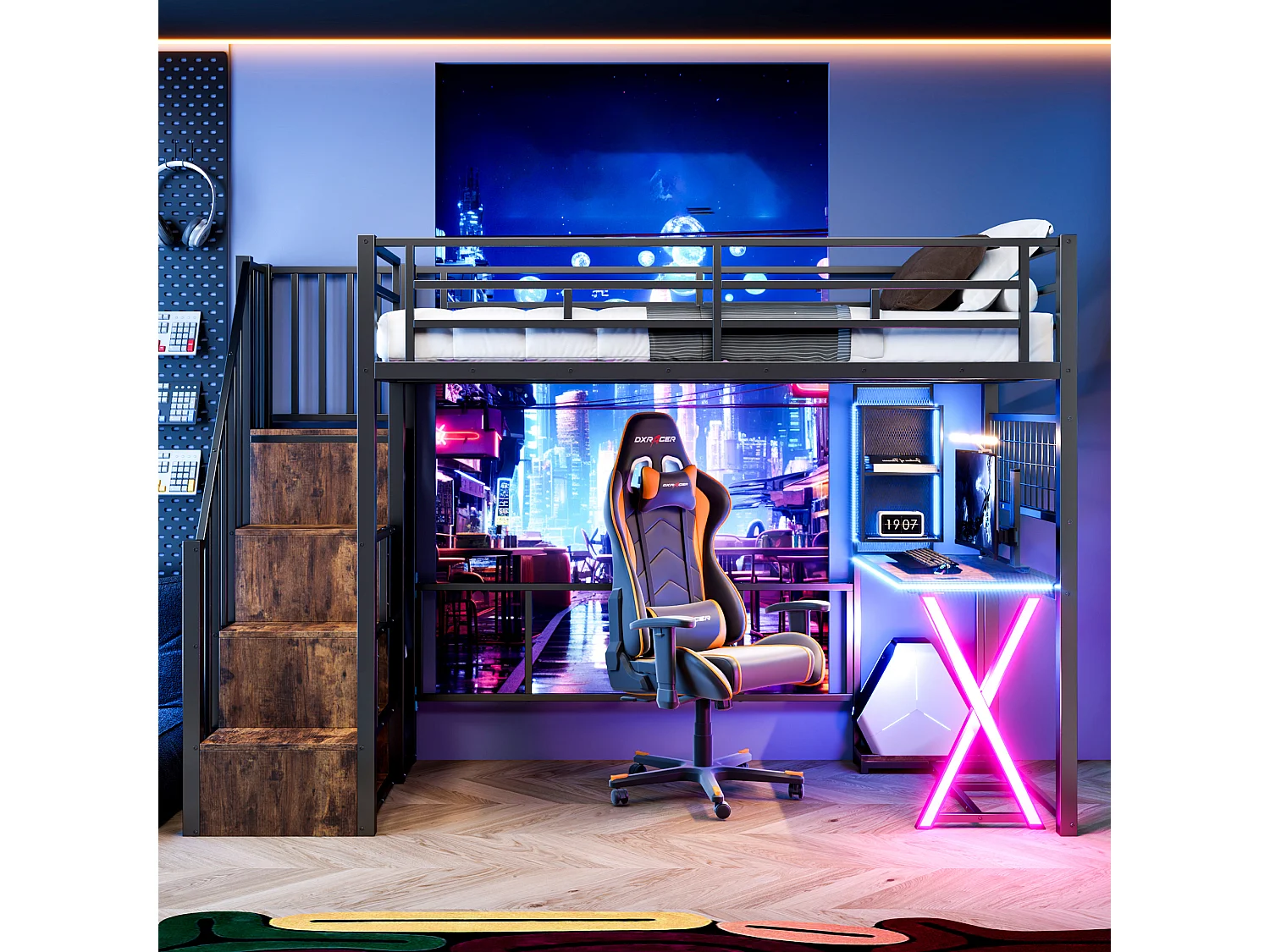 90x200cm Loft Bed with LED Lighting - Desk + Wardrobe + Storage Ladder - Black