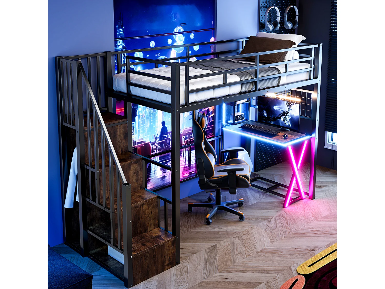 90x200cm Loft Bed with LED Lighting - Desk + Wardrobe + Storage Ladder - Black