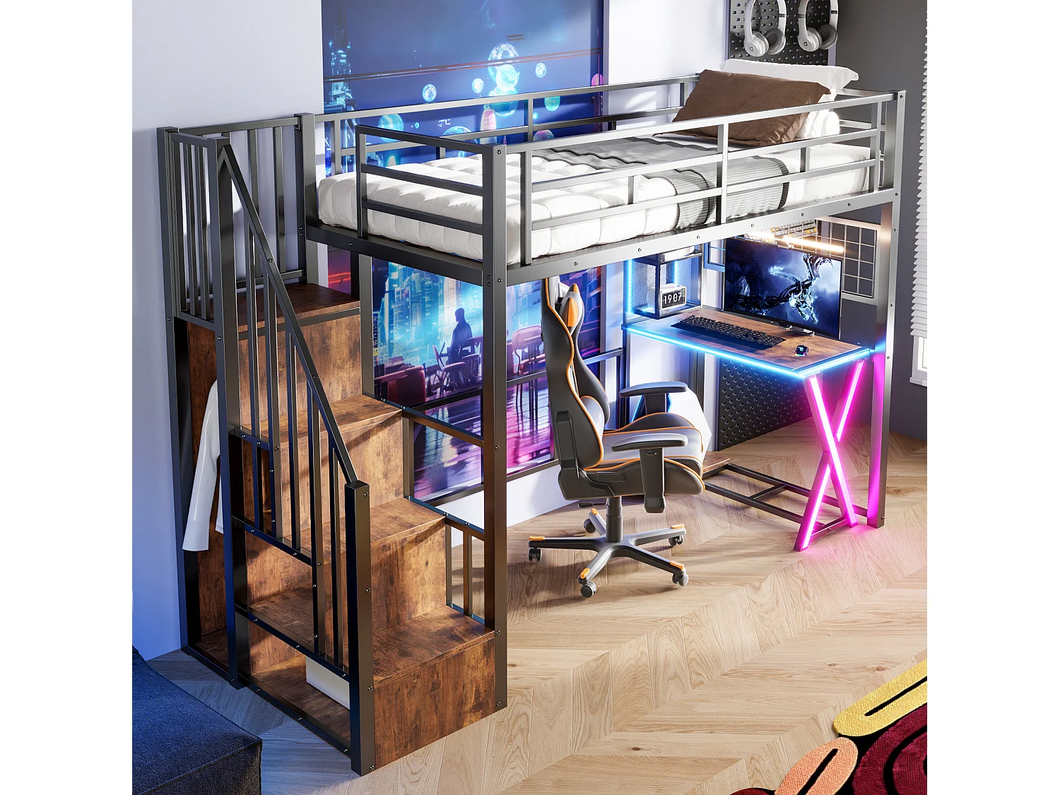 90x200cm Loft Bed with LED Lighting - Desk + Wardrobe + Storage Ladder - Black