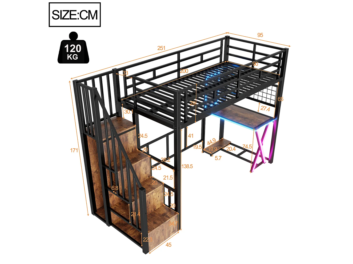 90x200cm Loft Bed with LED Lighting - Desk + Wardrobe + Storage Ladder - Black