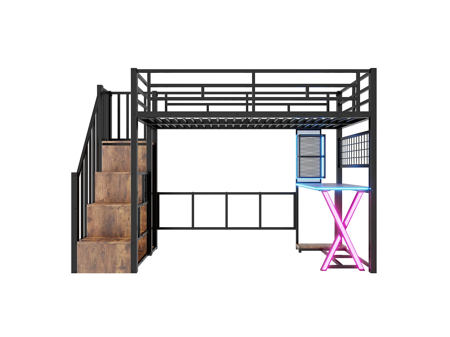 90x200cm Loft Bed with LED Lighting - Desk + Wardrobe + Storage Ladder - Black
