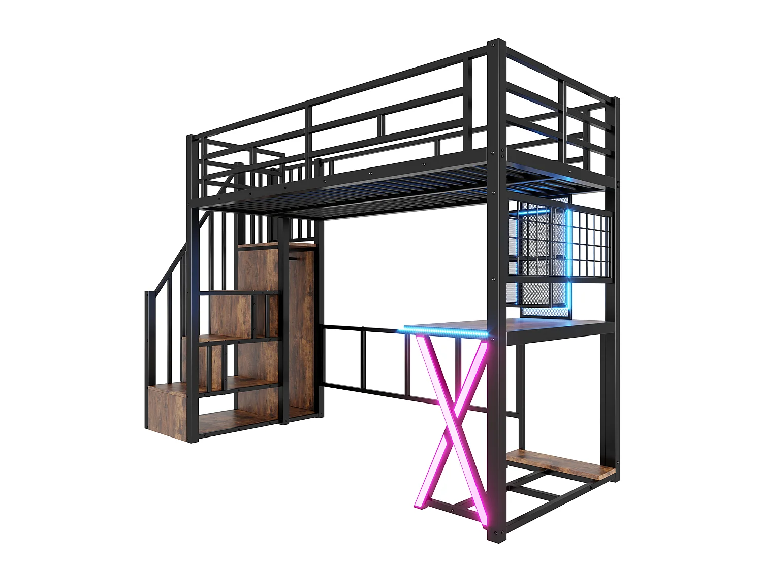 90x200cm Loft Bed with LED Lighting - Desk + Wardrobe + Storage Ladder - Black