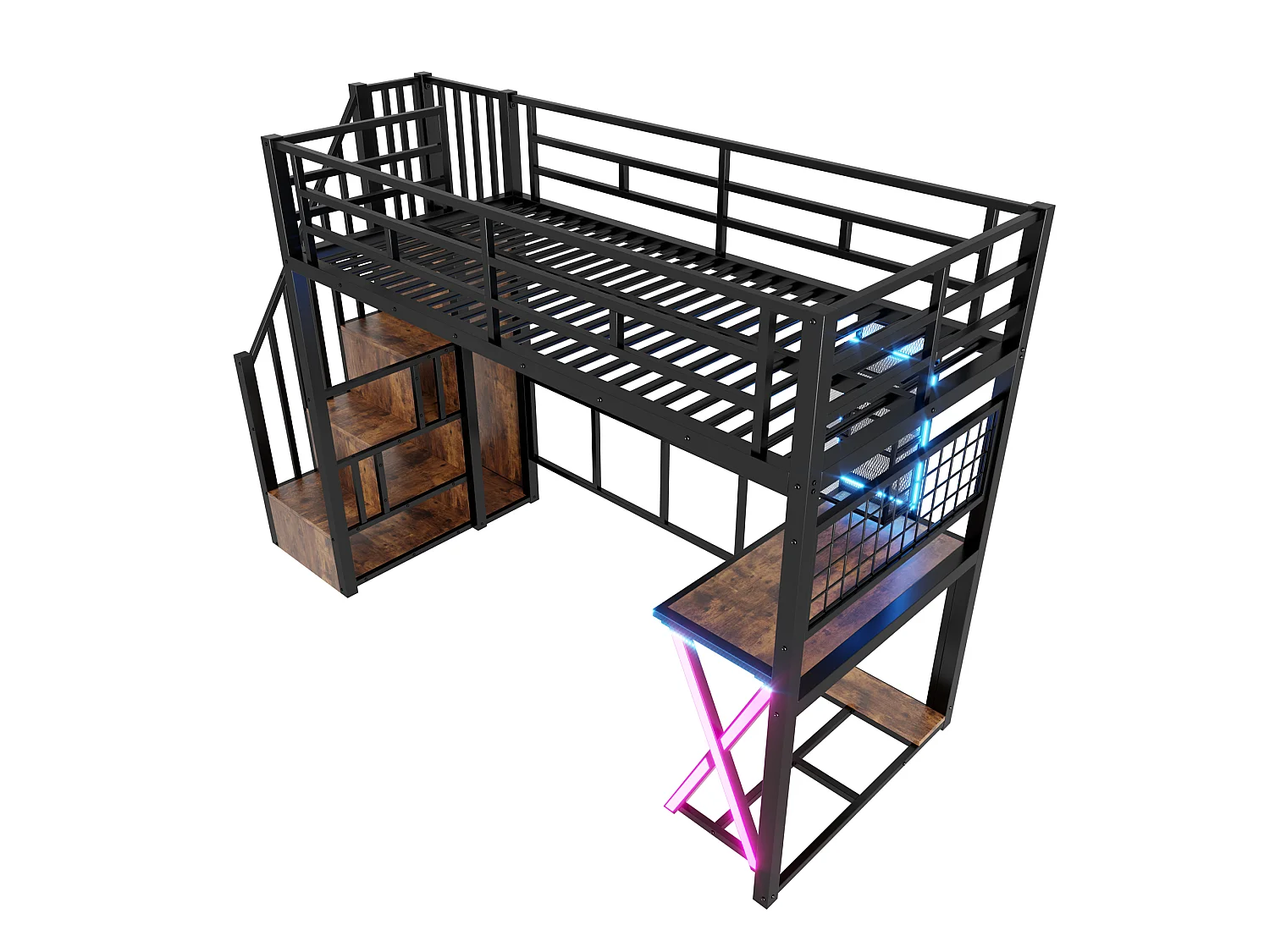 90x200cm Loft Bed with LED Lighting - Desk + Wardrobe + Storage Ladder - Black