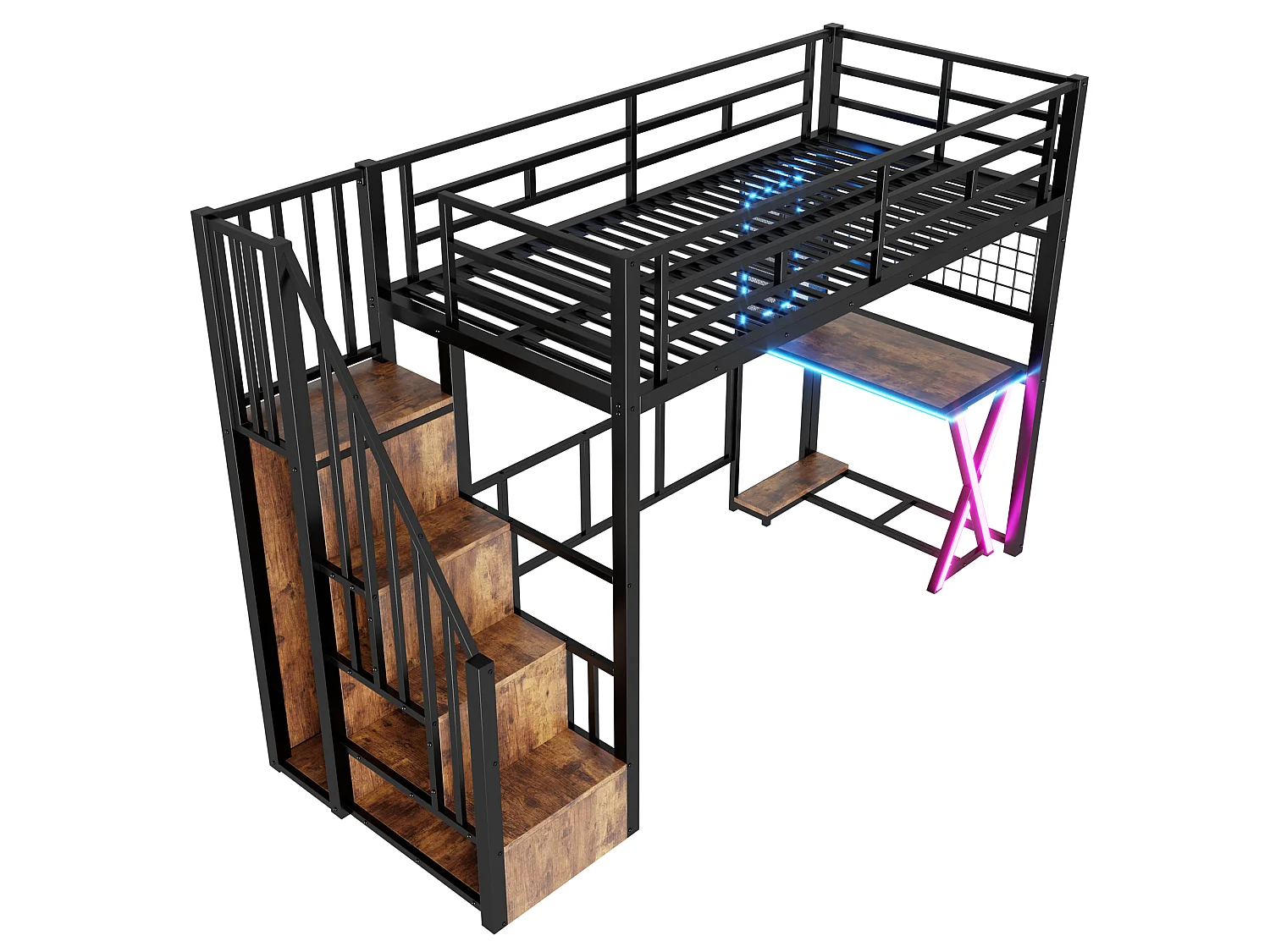 90x200cm Loft Bed with LED Lighting - Desk + Wardrobe + Storage Ladder - Black