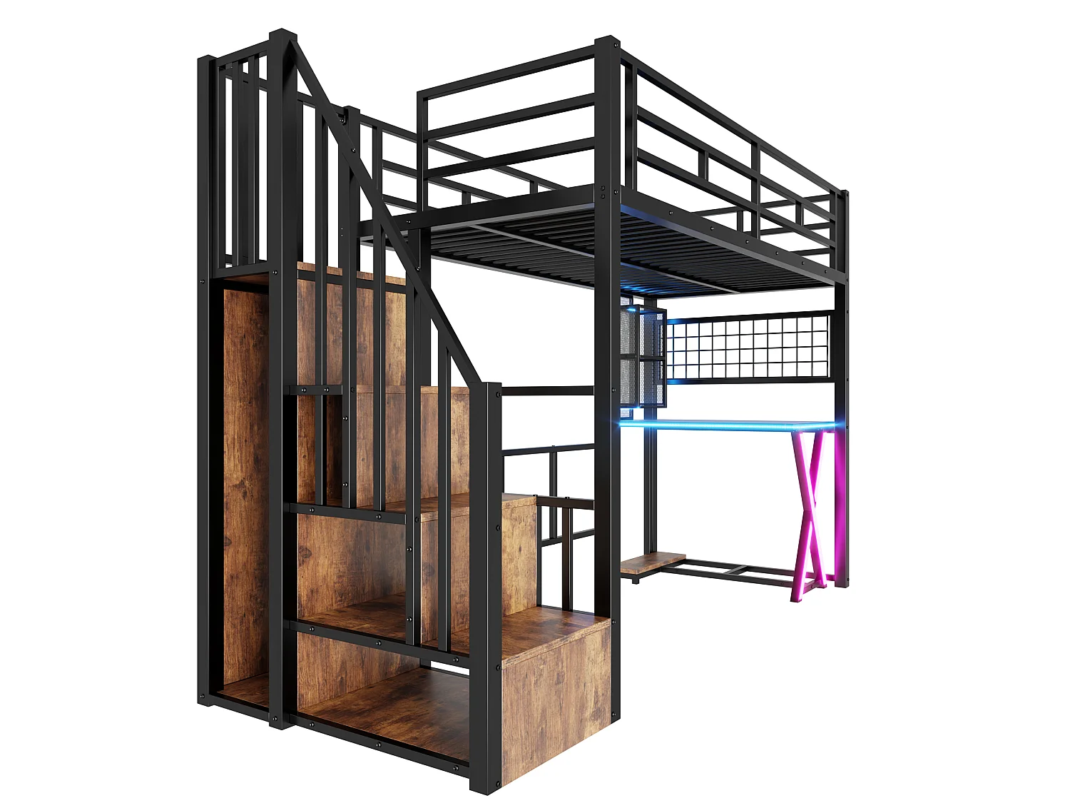 90x200cm Loft Bed with LED Lighting - Desk + Wardrobe + Storage Ladder - Black