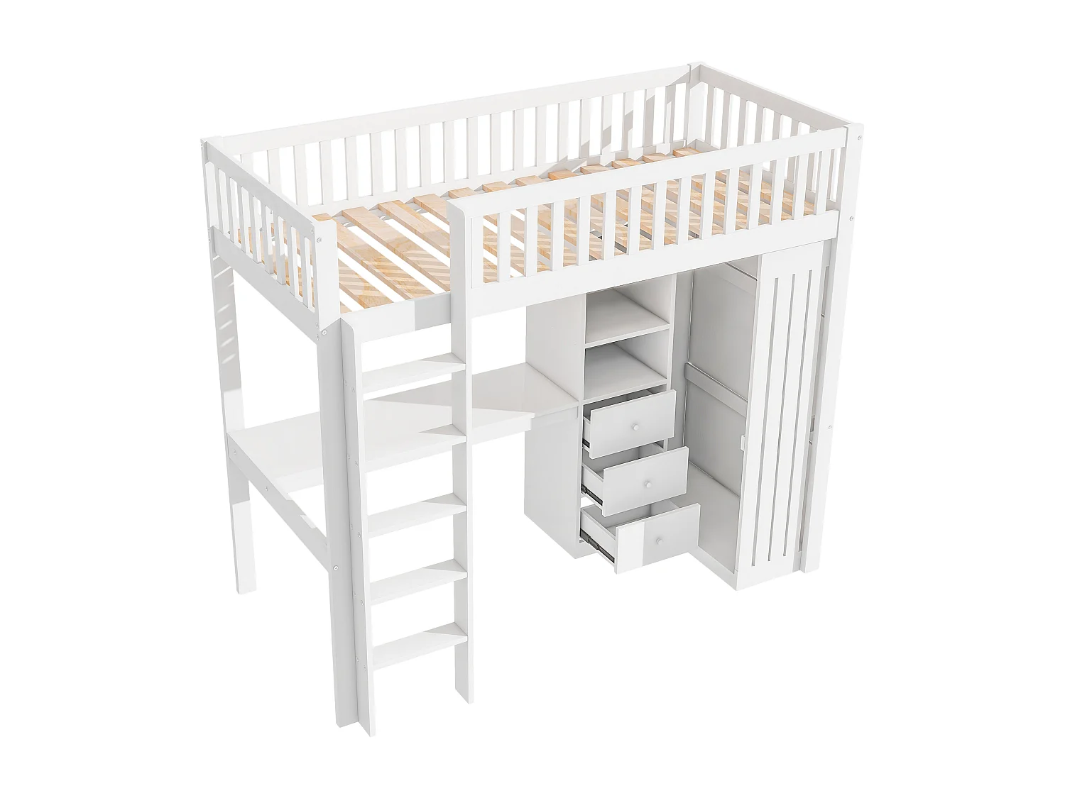 90x200 cm Holz-Hochbett - mit Schreibtisch & Kleiderschrank - Weiß