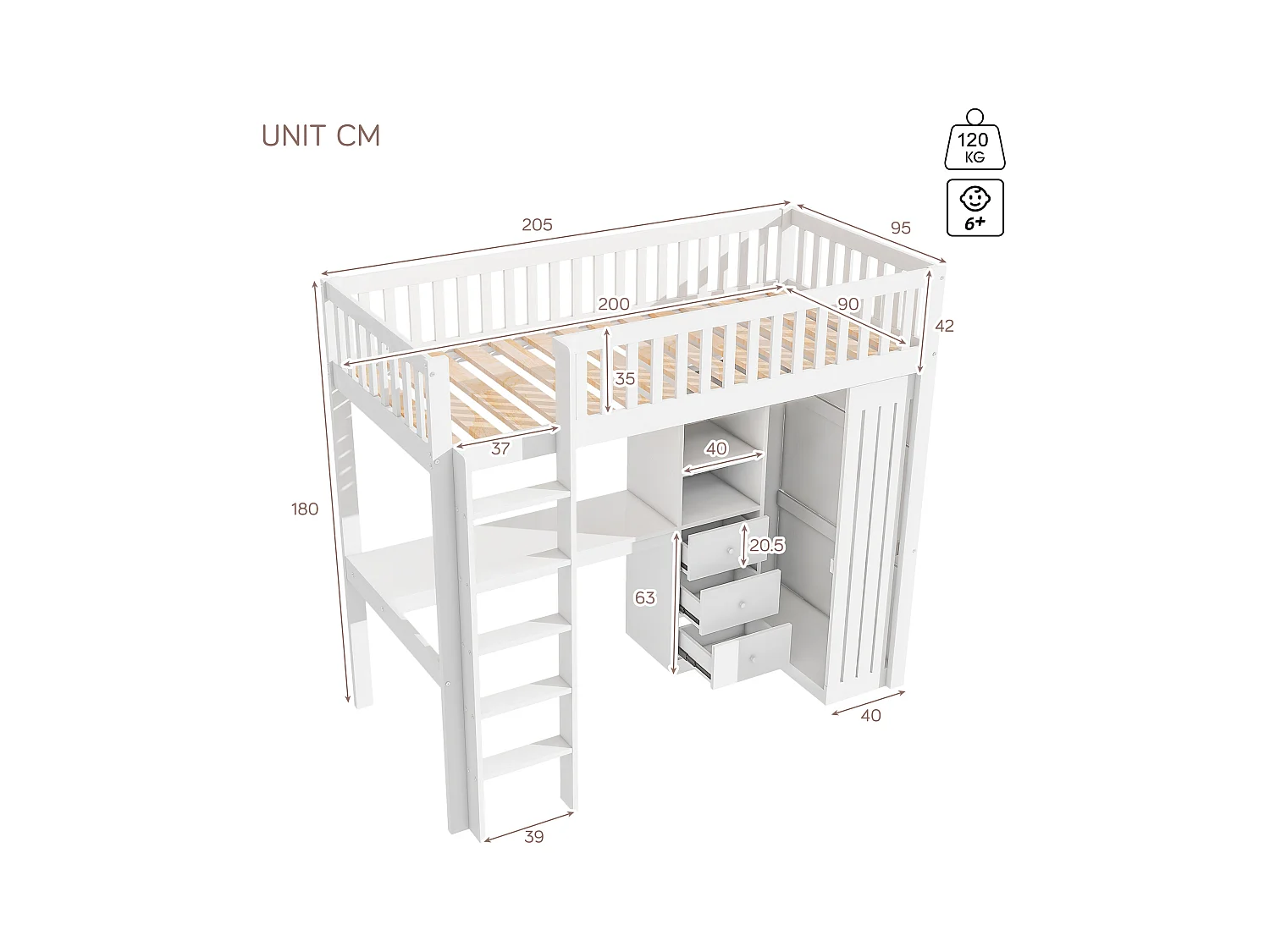 Lit mezzanine 90x200 cm en bois - avec bureau & penderie - Blanc