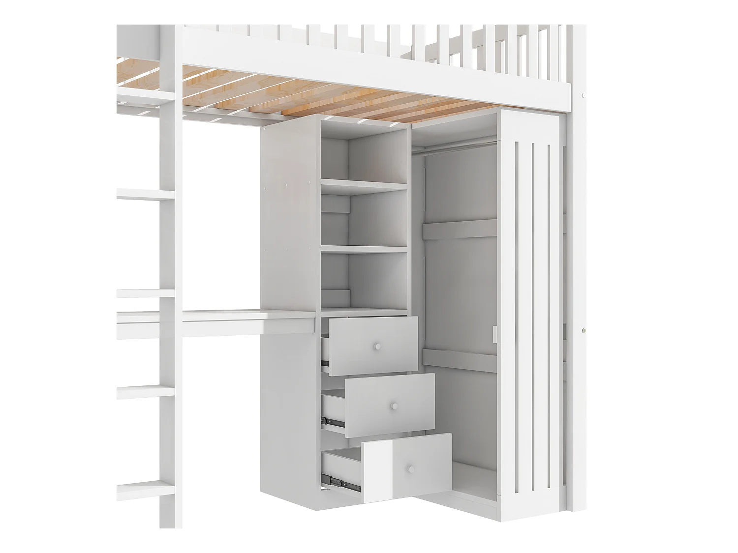 Lit mezzanine 90x200 cm en bois - avec bureau & penderie - Blanc
