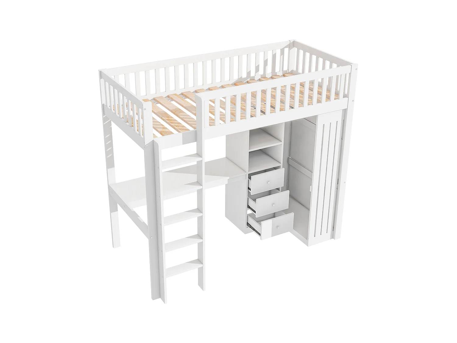 Lit mezzanine 90x200 cm en bois - avec bureau & penderie - Blanc