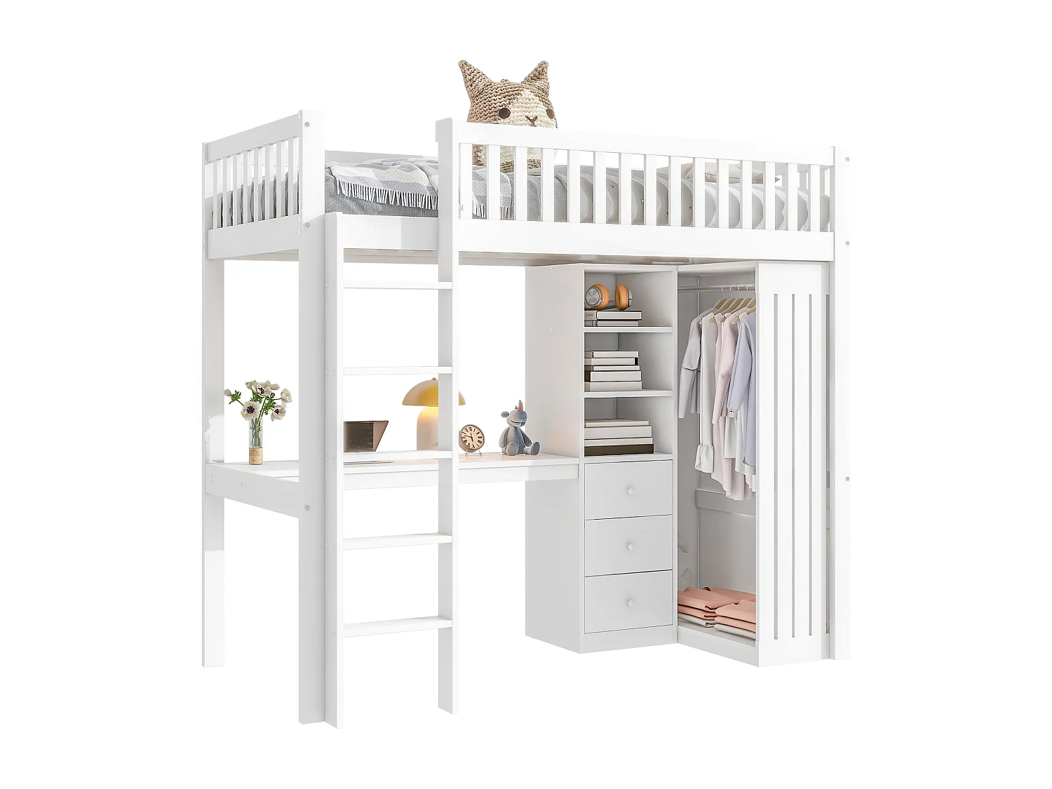 Lit mezzanine 90x200 cm en bois - avec bureau & penderie - Blanc