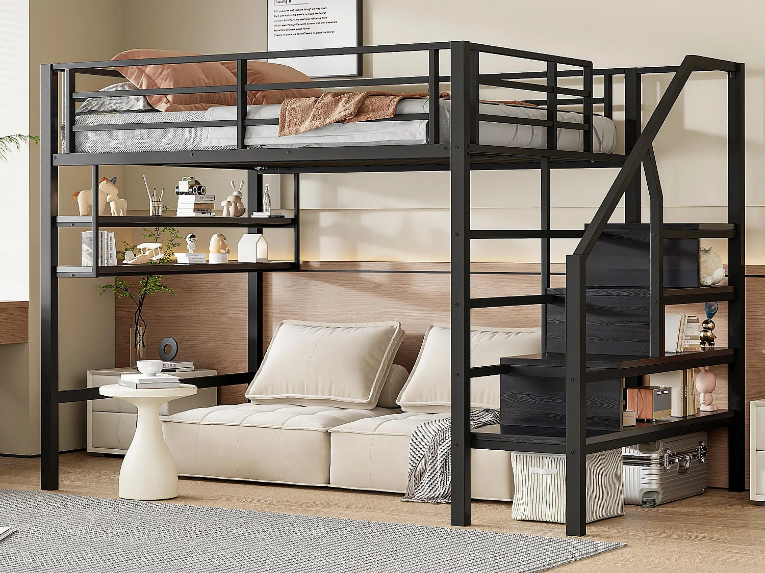 Cama alta em metal 140x200 cm - com prateleira e escada de arrumação - Preto