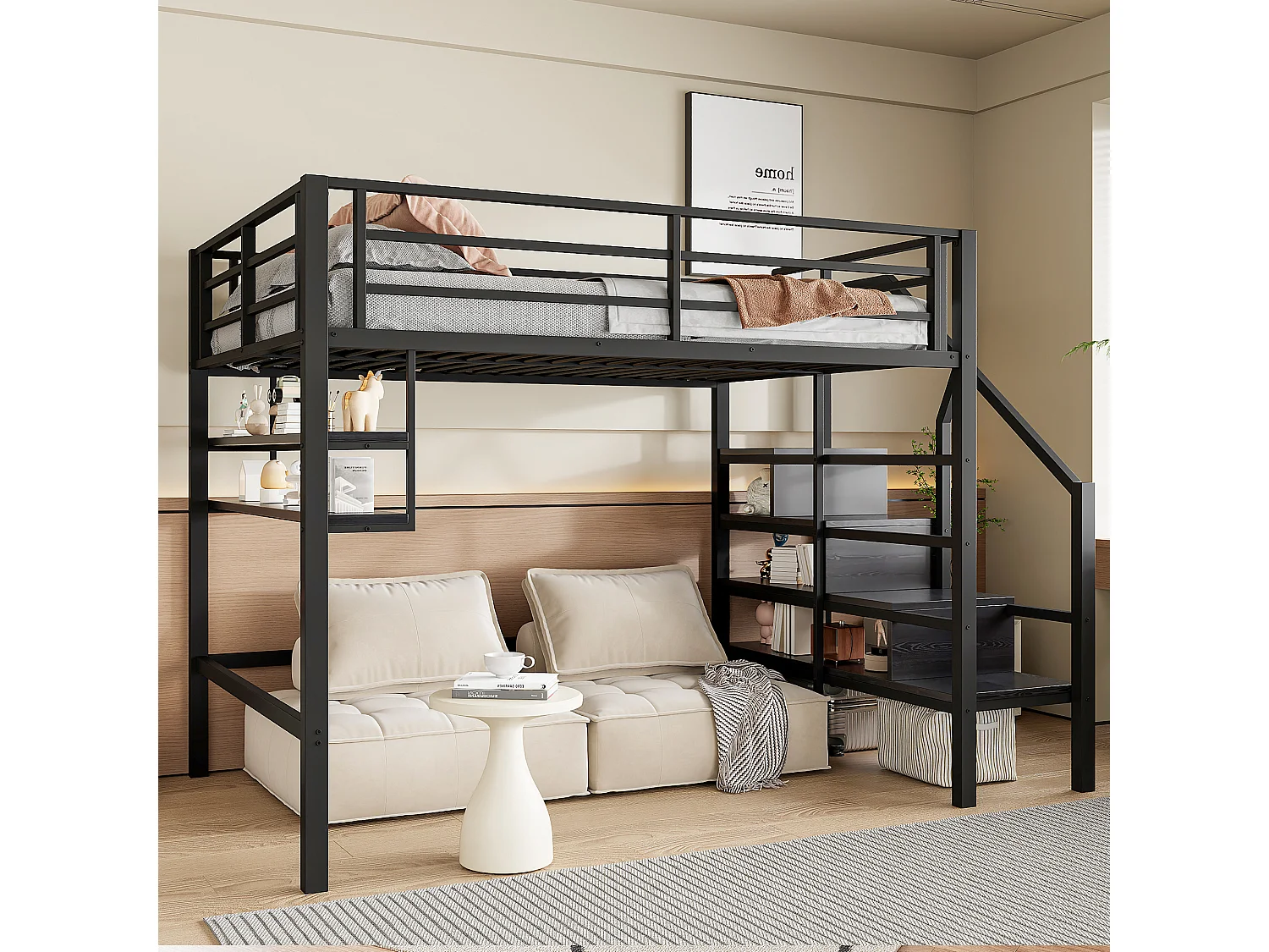 Lit mezzanine 140x200 cm en métal - avec étagère et échelle de rangement - Noir