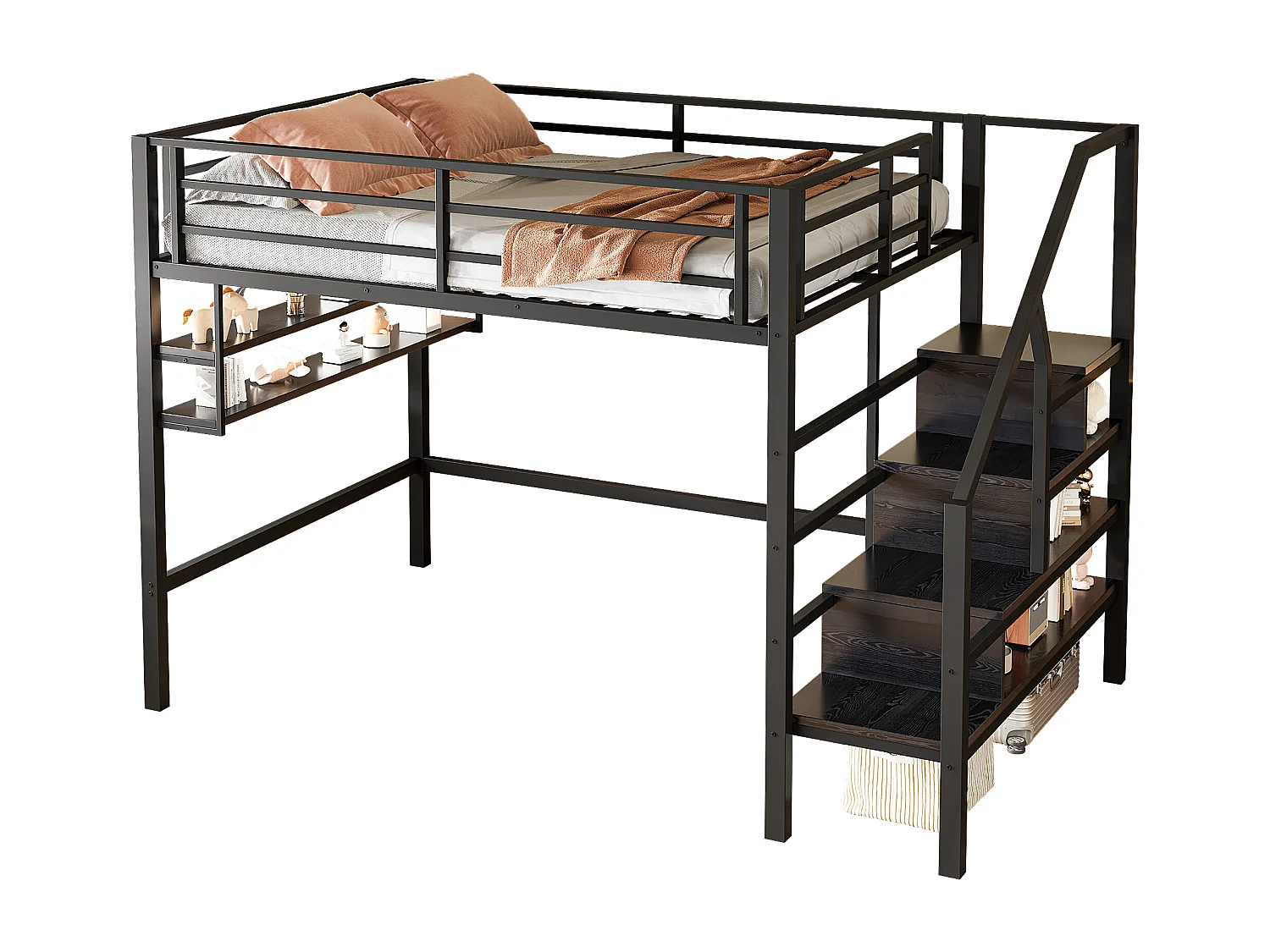 Lit mezzanine 140x200 cm en métal - avec étagère et échelle de rangement - Noir